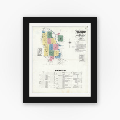 Old map wall art mockup — black gallery frame with white mat — Sanborn Fire Insurance Map from Rochester, Fulton County, Indiana (1920), Sheet #0001