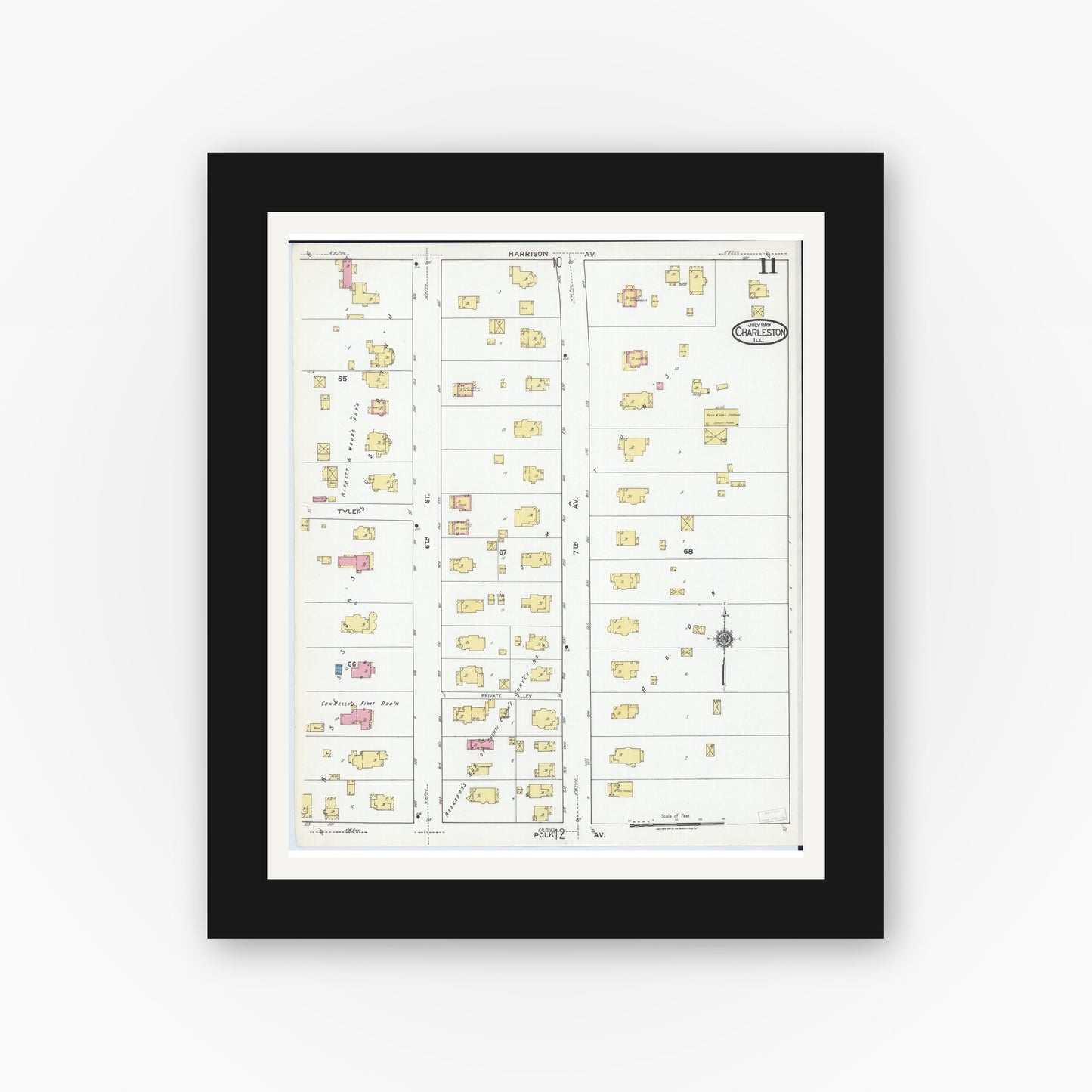 Old map wall art mockup — black gallery frame with white mat — Sanborn Fire Insurance Map from Charleston, Coles County, Illinois (1919), Sheet #0011