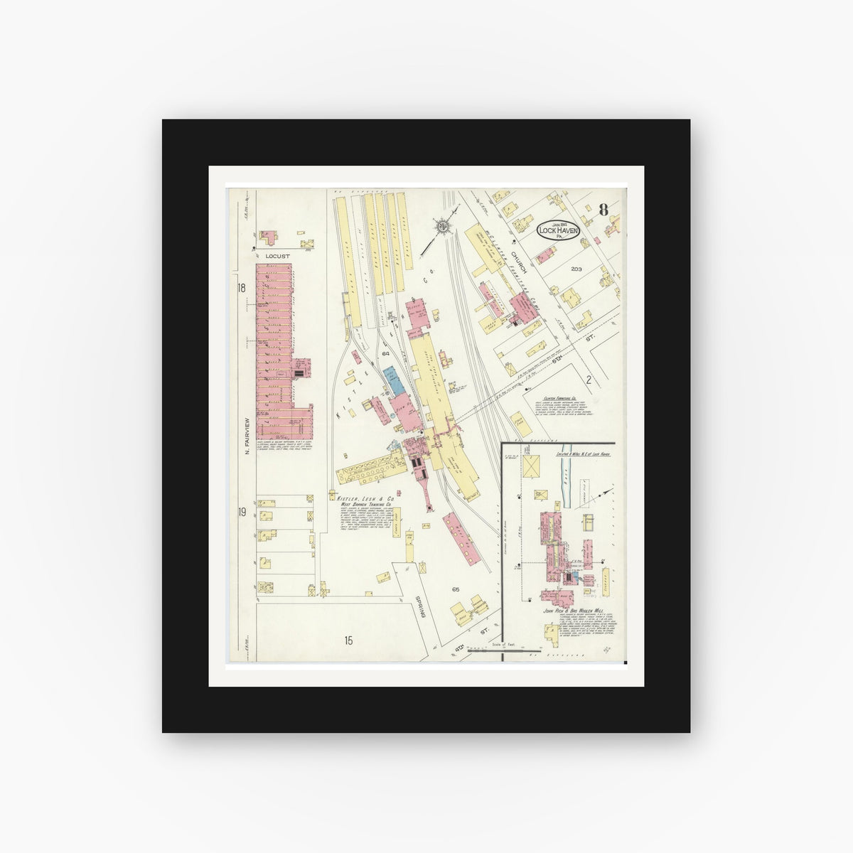 Old map wall art mockup — black gallery frame with white mat — Sanborn Fire Insurance Map from Lock Haven, Clinton County, Pennsylvania (1914), Sheet #0008