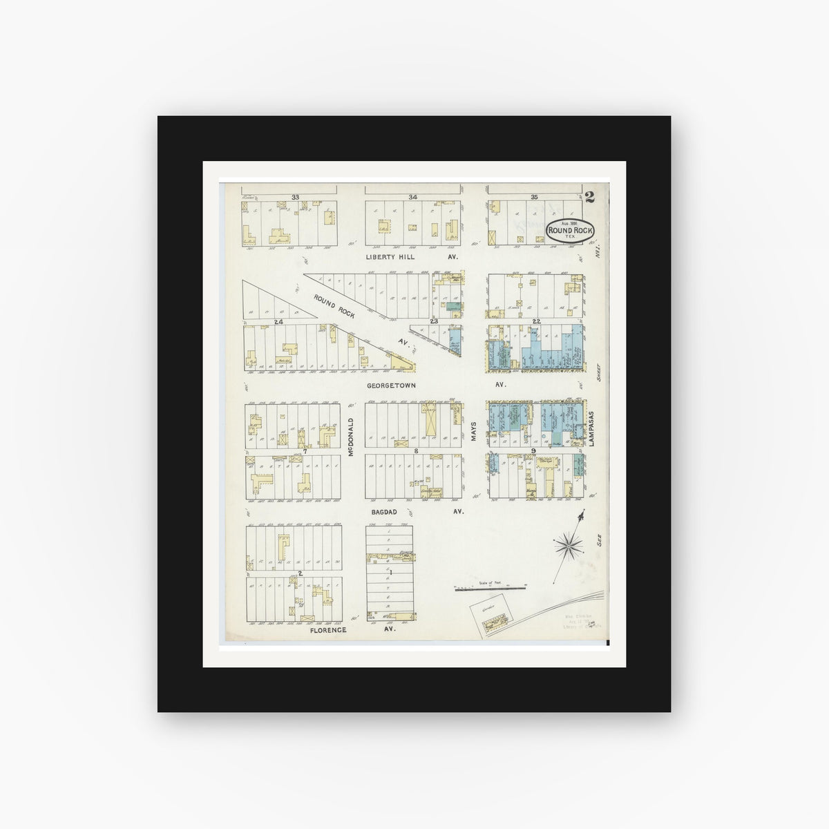 Old map wall art mockup — black gallery frame with white mat — Sanborn Fire Insurance Map from Round Rock, Williamson County, Texas (1891), Sheet #0002