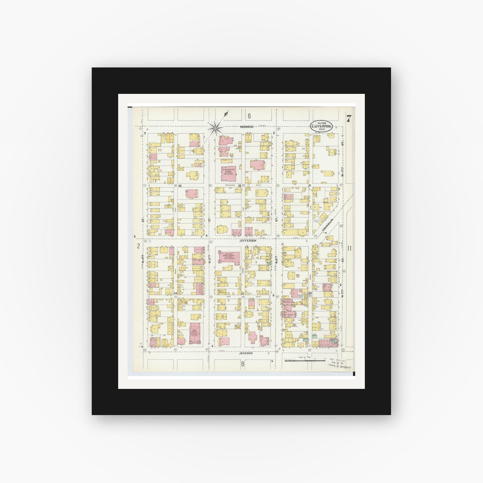 Old map wall art mockup — black gallery frame with white mat — Sanborn Fire Insurance Map from East Liverpool, Columbiana County, Ohio (1903), Sheet #0007