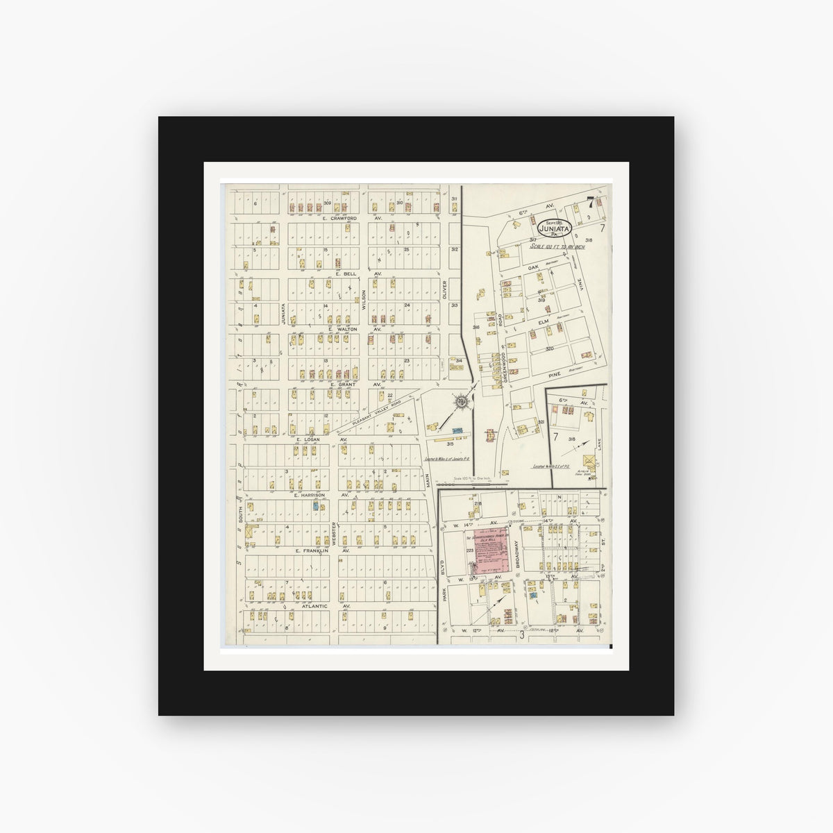 Old map wall art mockup — black gallery frame with white mat — Sanborn Fire Insurance Map from Juniata, Blair County, Pennsylvania (1915), Sheet #0007