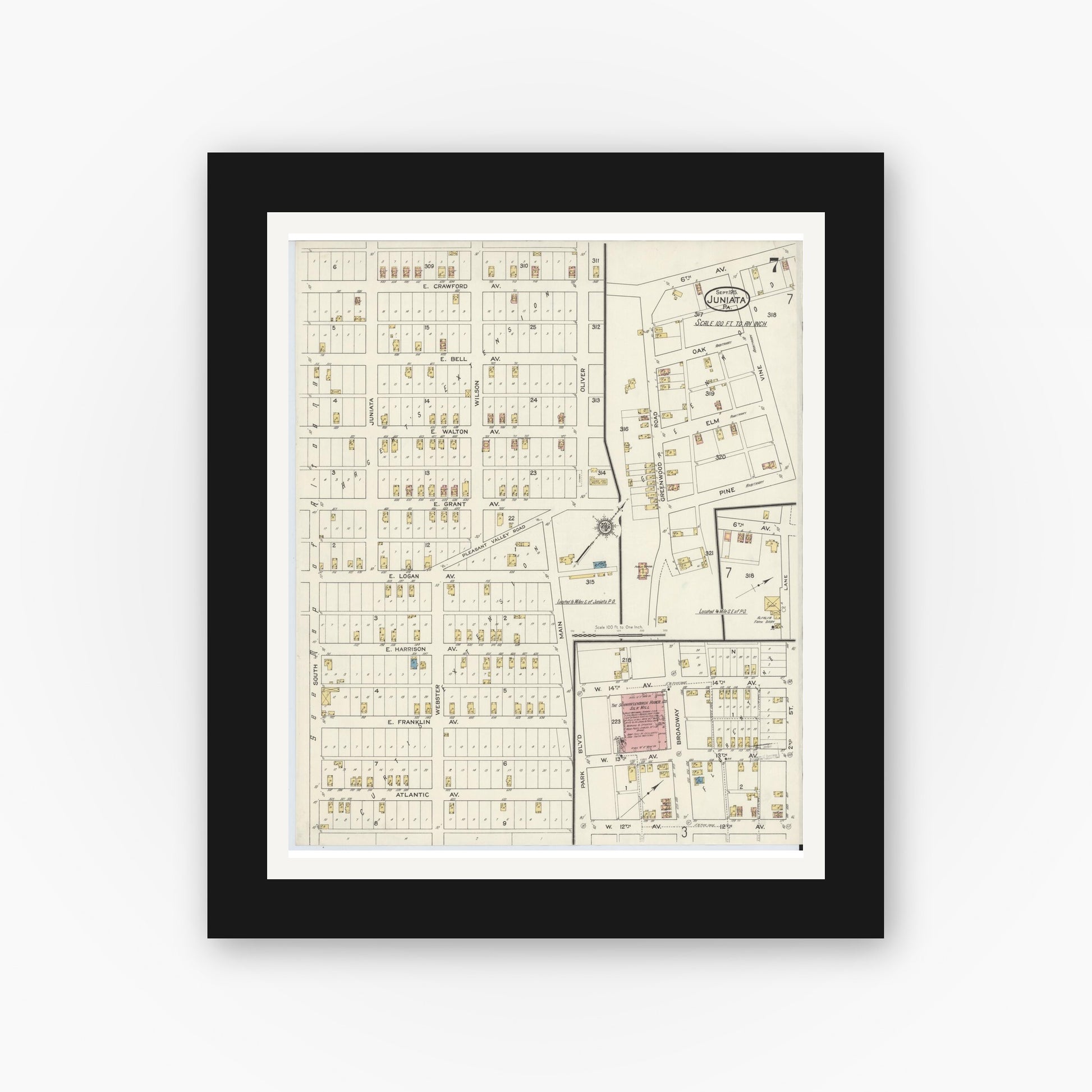 Old map wall art mockup — black gallery frame with white mat — Sanborn Fire Insurance Map from Juniata, Blair County, Pennsylvania (1915), Sheet #0007