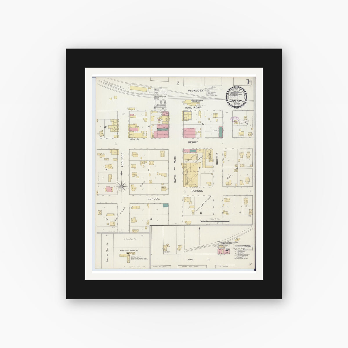 Old map wall art mockup — black gallery frame with white mat — Sanborn Fire Insurance Map from Hamilton, Caldwell County, Missouri (1893) - Complete Map Set