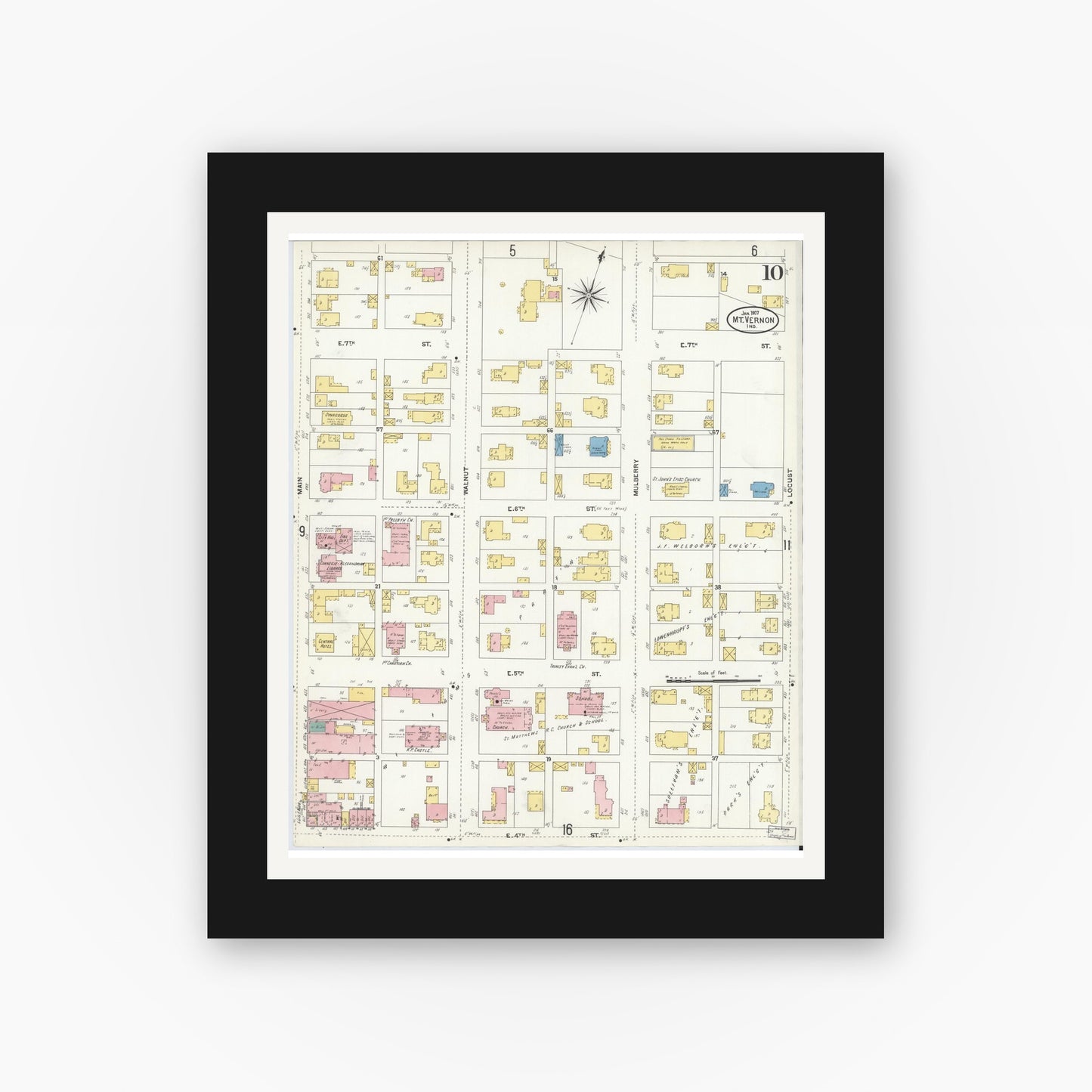Old map wall art mockup — black gallery frame with white mat — Sanborn Fire Insurance Map from Mount Vernon, Posey County, Indiana (1907), Sheet #0010