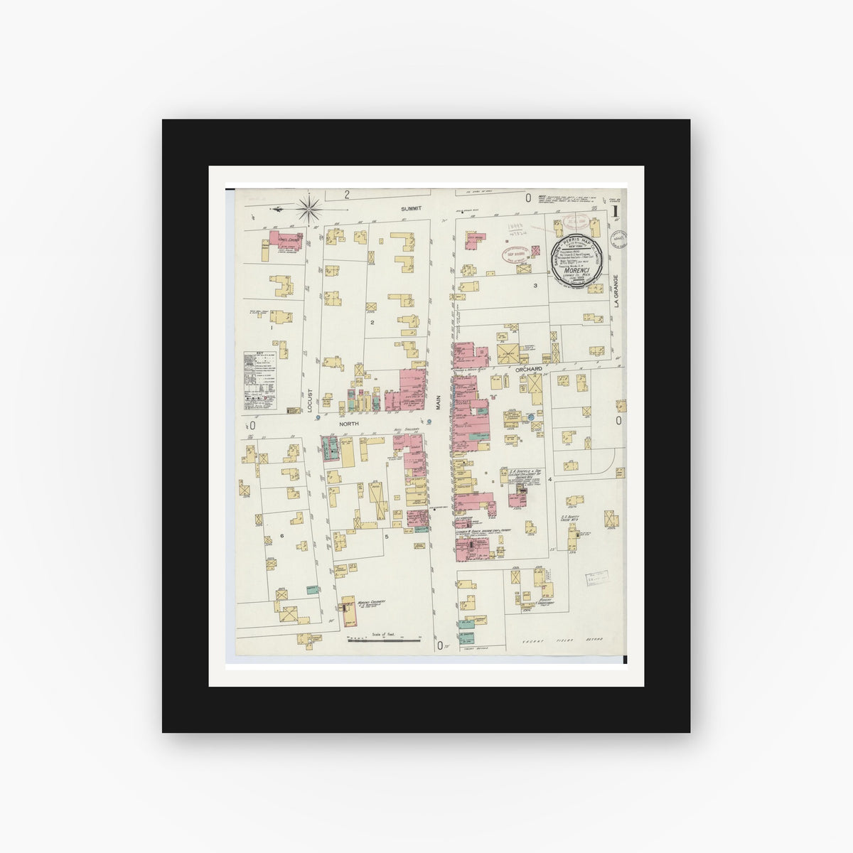 Old map wall art mockup — black gallery frame with white mat — Sanborn Fire Insurance Map from Morenci, Lenawee County, Michigan (1899), Sheet #0001