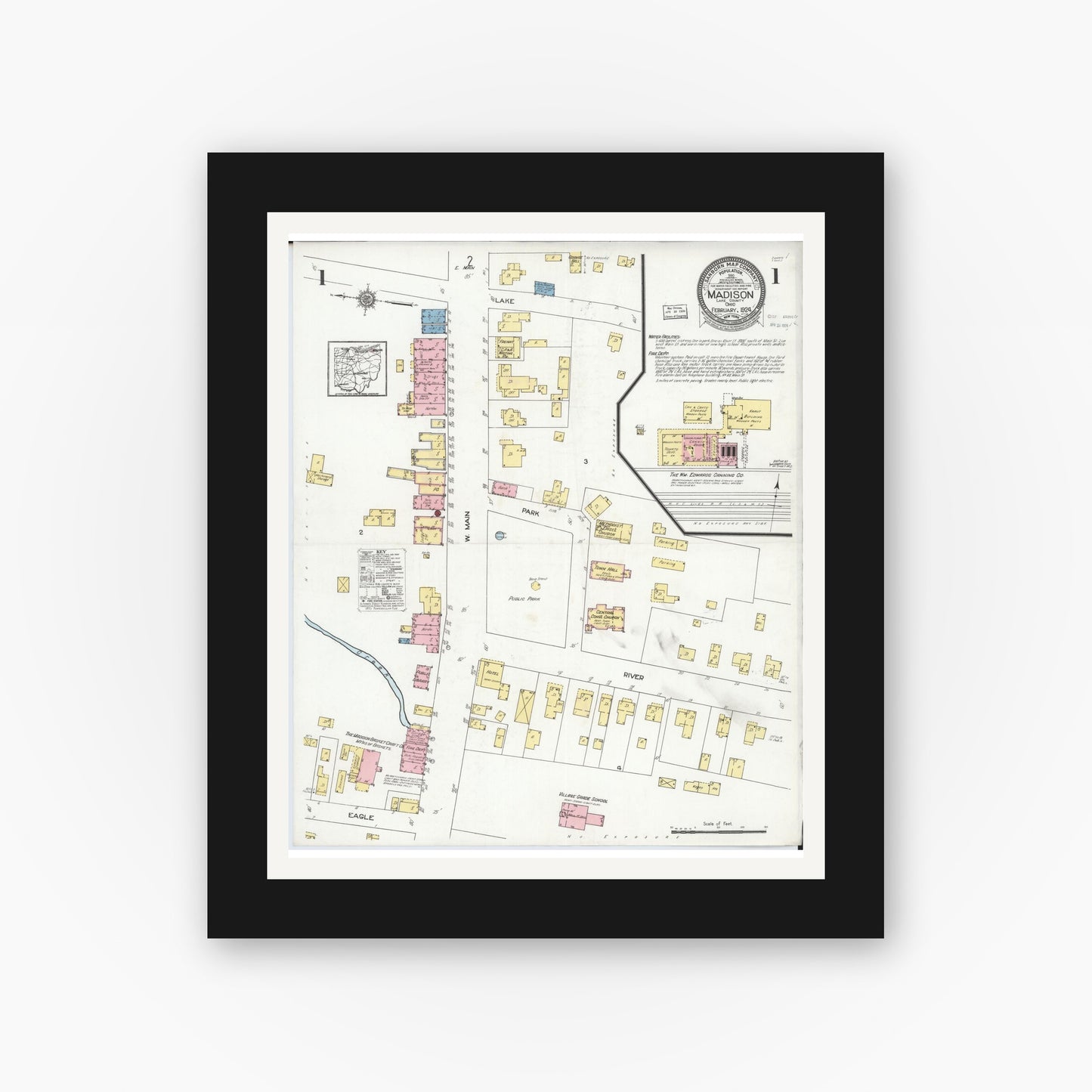 Old map wall art mockup — black gallery frame with white mat — Sanborn Fire Insurance Map from Madison, Lake County, Ohio (1924) - Complete Map Set