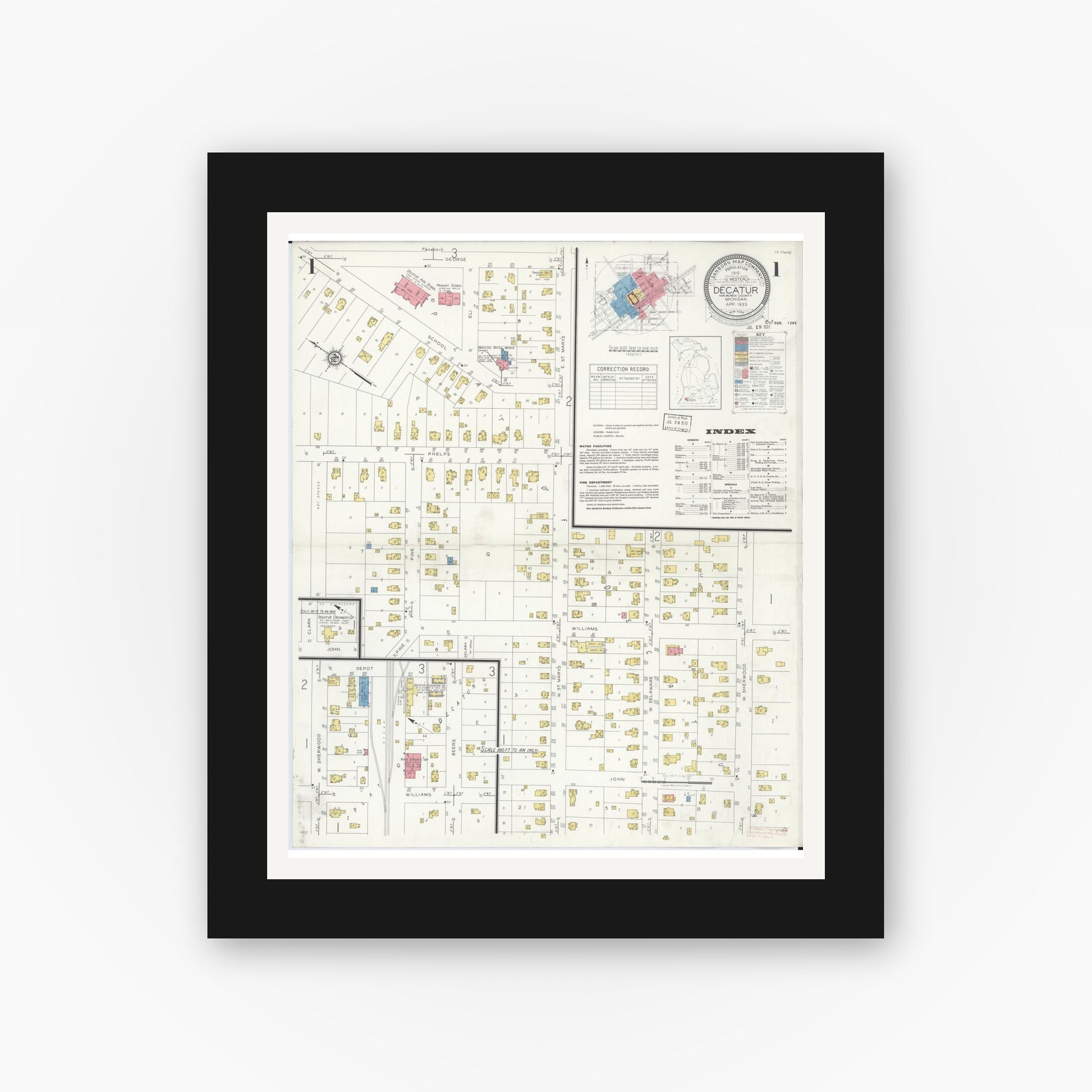 Old map wall art mockup — black gallery frame with white mat — Sanborn Fire Insurance Map from Decatur, Van Buren County, Michigan (1933), Sheet #0001