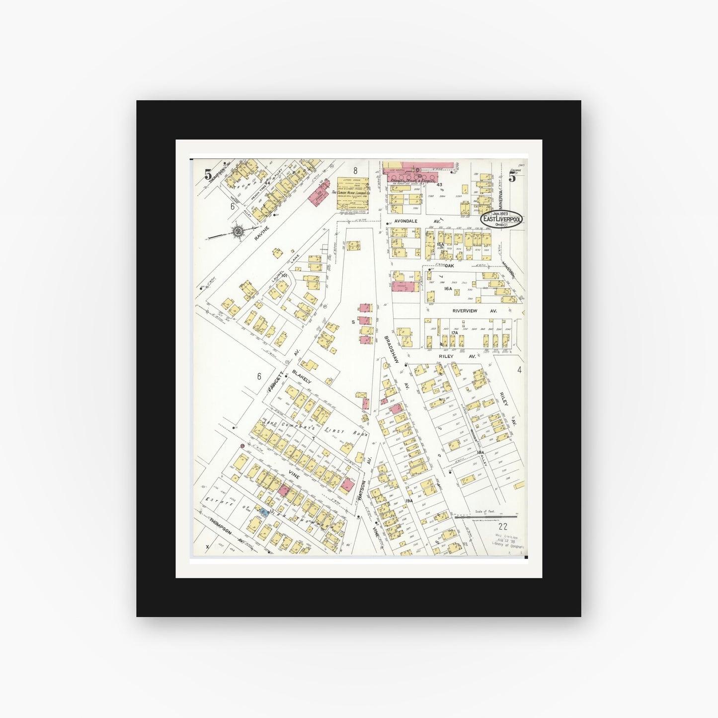 Old map wall art mockup — black gallery frame with white mat — Sanborn Fire Insurance Map from East Liverpool, Columbiana County, Ohio (1923), Sheet #0005