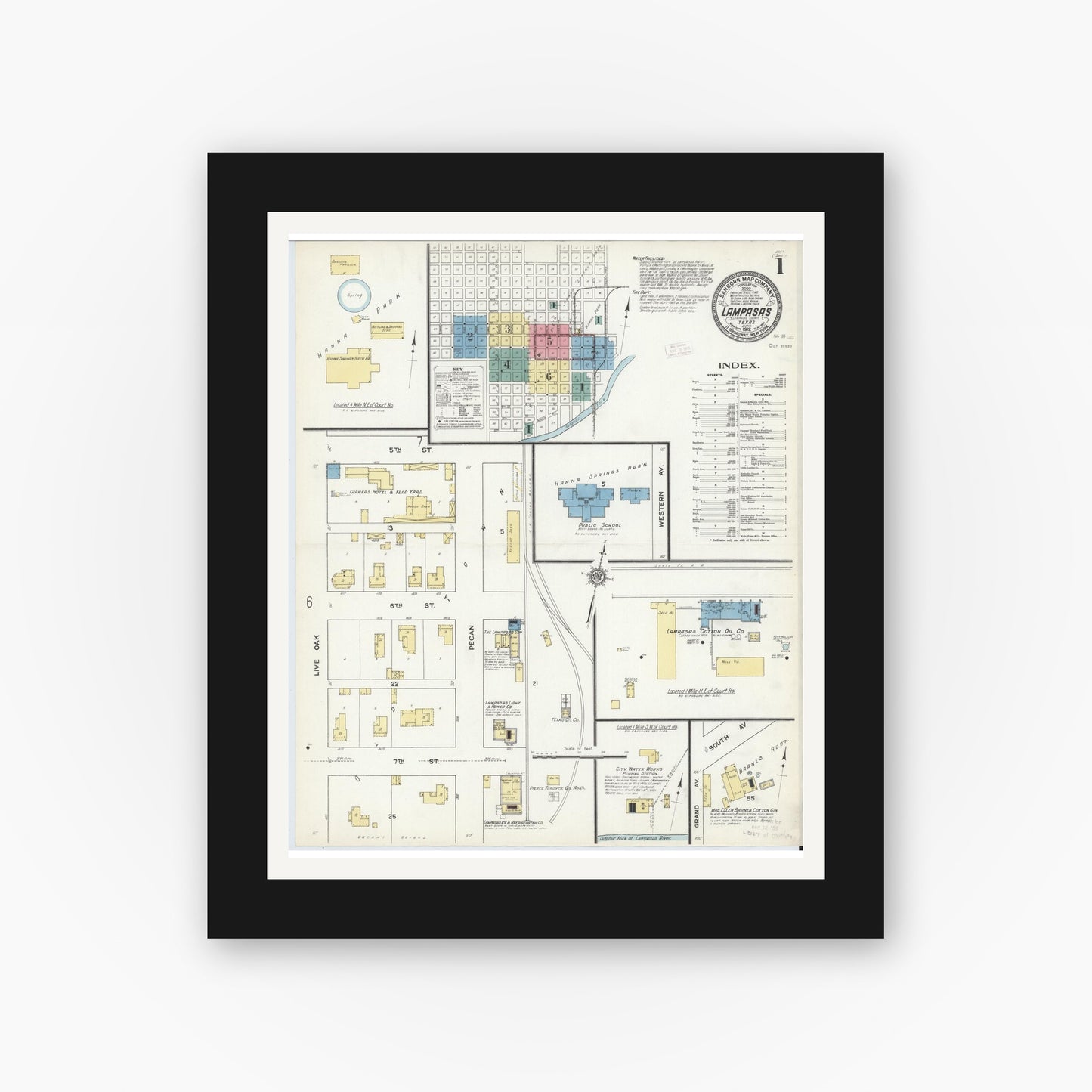 Old map wall art mockup — black gallery frame with white mat — Sanborn Fire Insurance Map from Lampasas, Lampasas County, Texas (1912), Sheet #0001