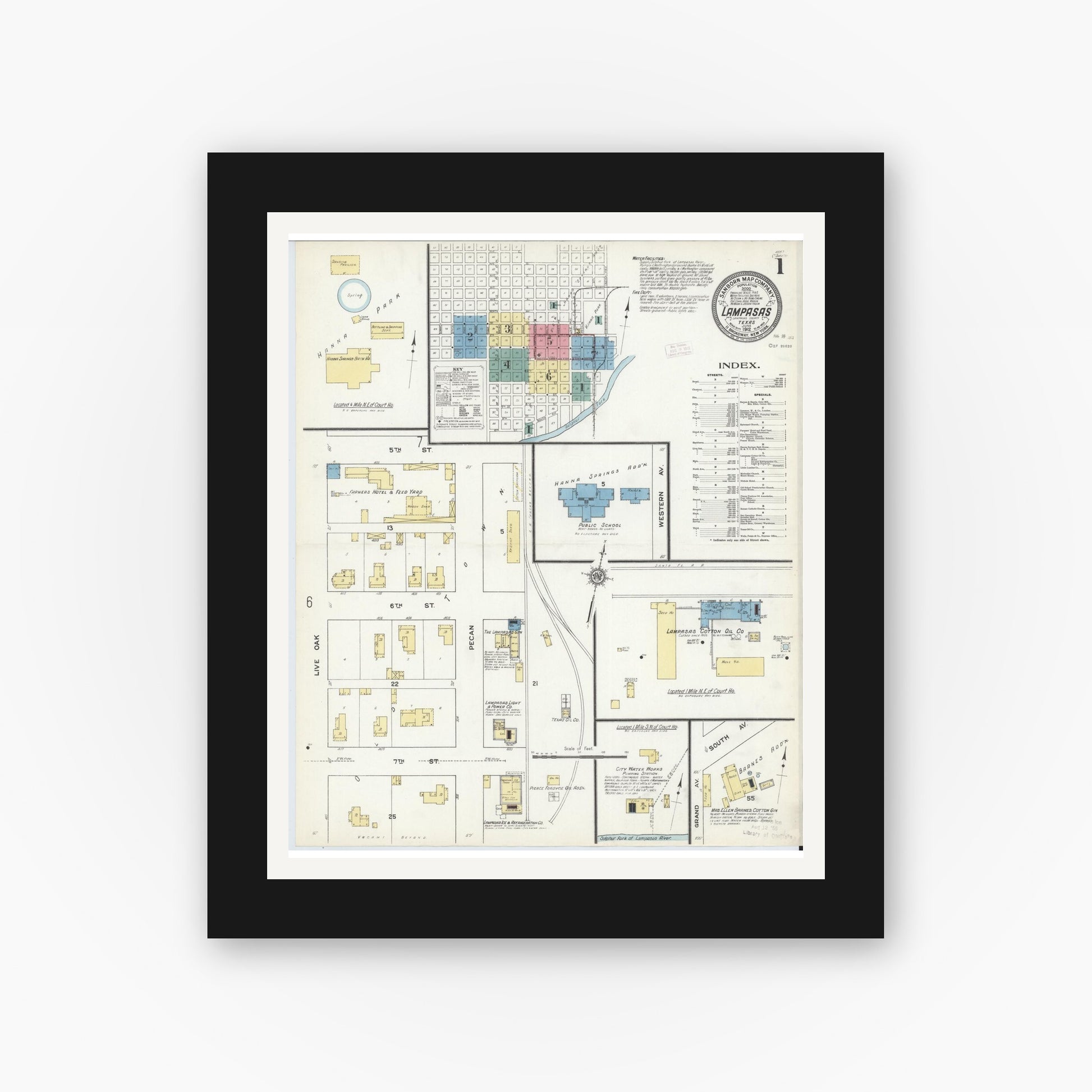 Old map wall art mockup — black gallery frame with white mat — Sanborn Fire Insurance Map from Lampasas, Lampasas County, Texas (1912), Sheet #0001