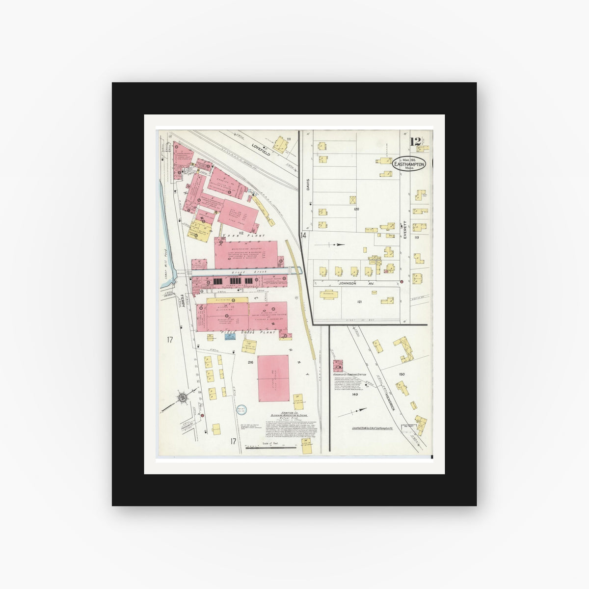 Old map wall art mockup — black gallery frame with white mat — Sanborn Fire Insurance Map from East Hampton, Hampshire County, Massachusetts (1916), Sheet #0012