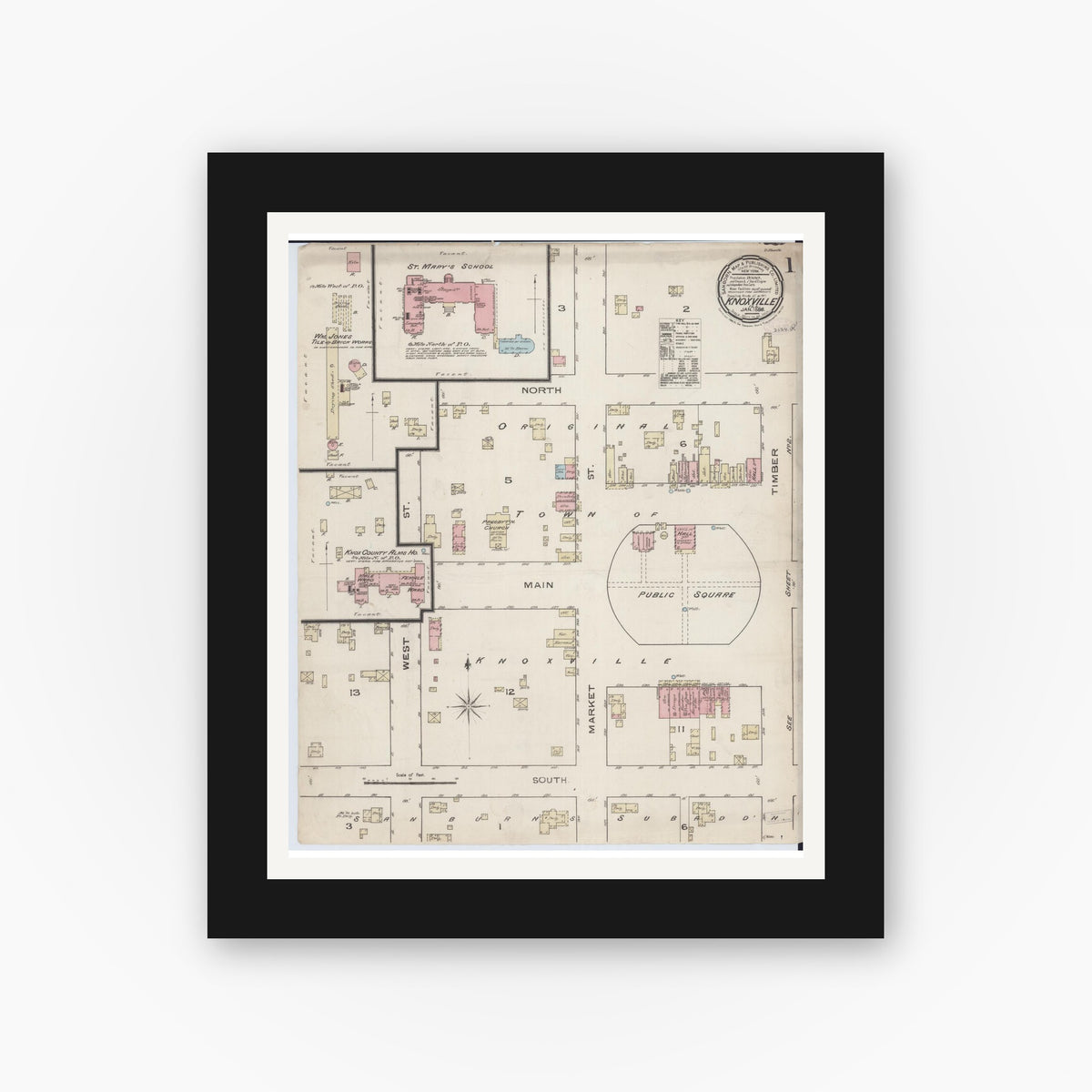 Old map wall art mockup — black gallery frame with white mat — Sanborn Fire Insurance Map from Knoxville, Knox County, Illinois (1886) - Complete Map Set