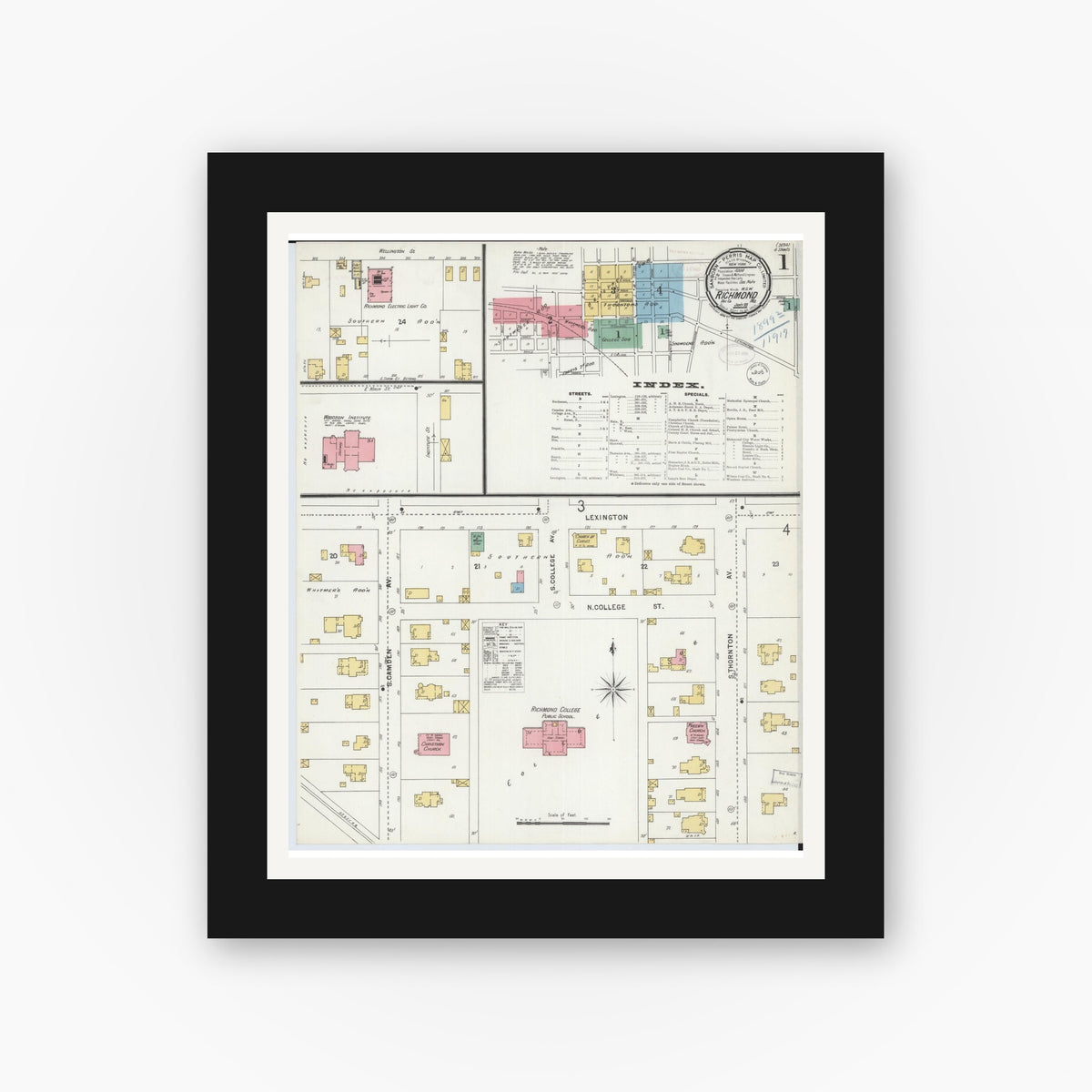 Old map wall art mockup — black gallery frame with white mat — Sanborn Fire Insurance Map from Richmond, Ray County, Missouri (1899) - Complete Map Set