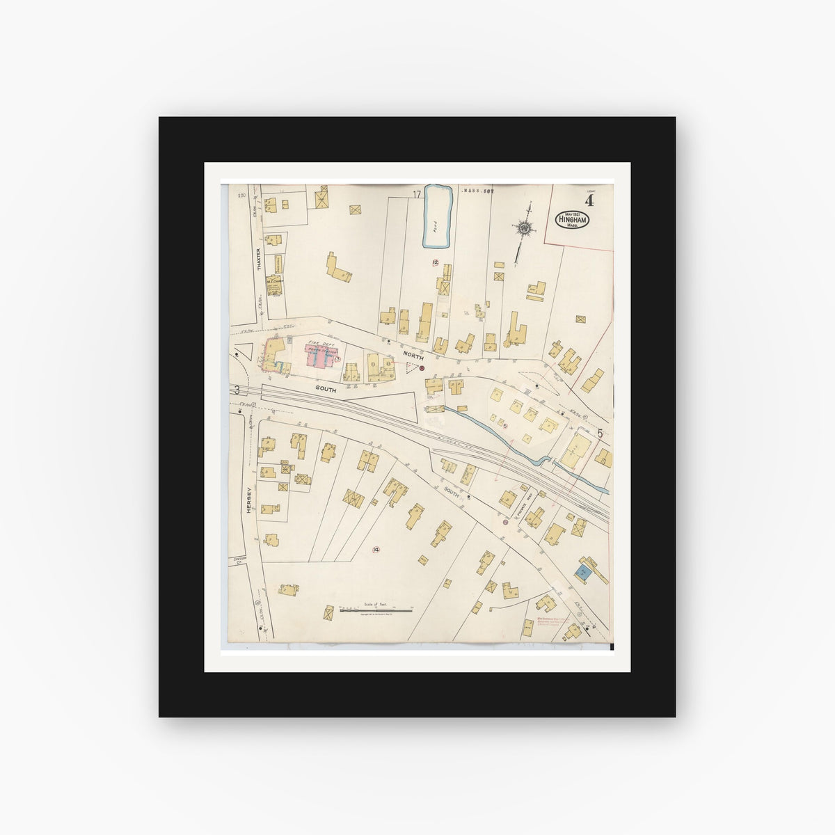 Old map wall art mockup — black gallery frame with white mat — Sanborn Fire Insurance Map from Hingham, Plymouth County, Massachusetts (1948), Sheet #0004