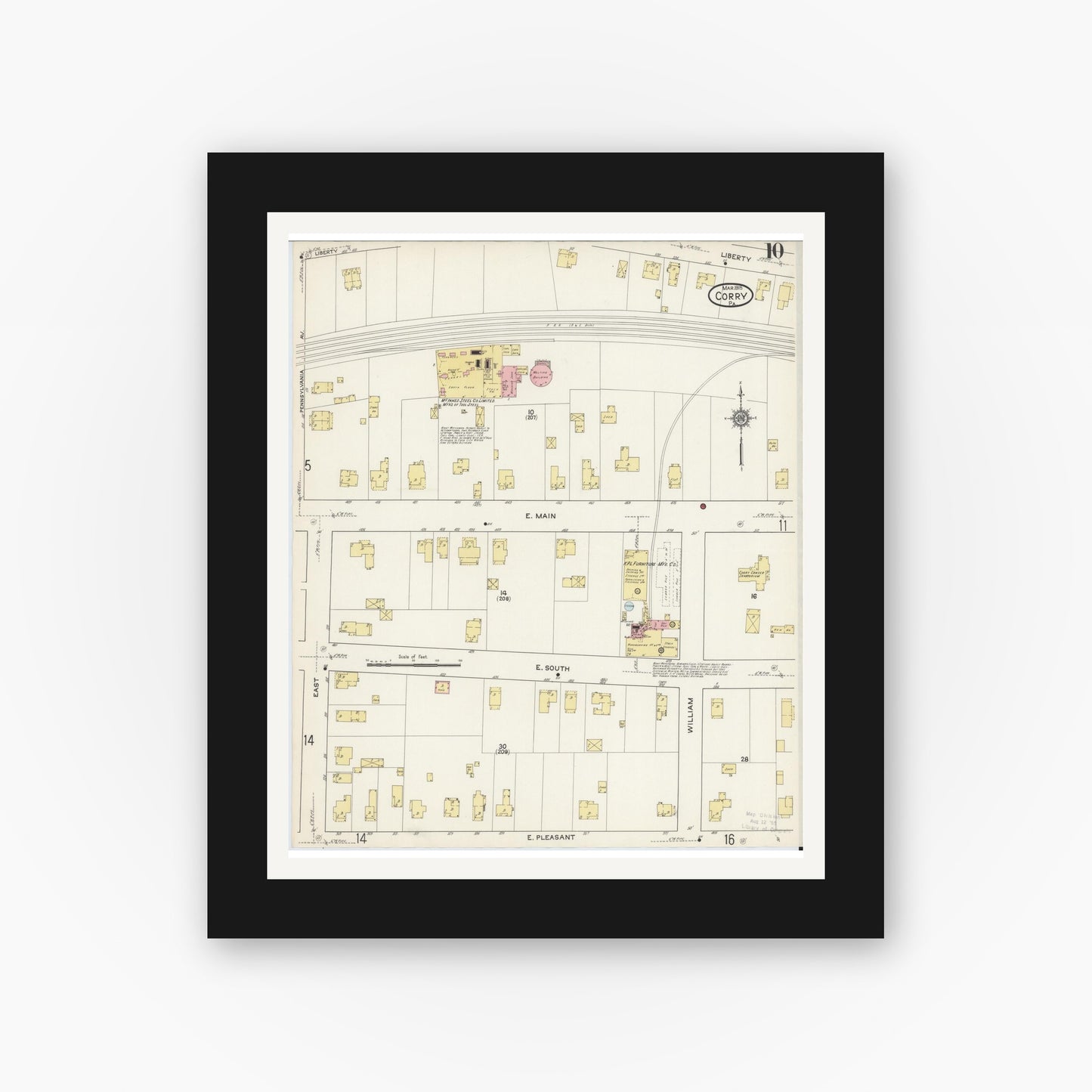 Old map wall art mockup — black gallery frame with white mat — Sanborn Fire Insurance Map from Corry, Erie County, Pennsylvania (1915), Sheet #0010