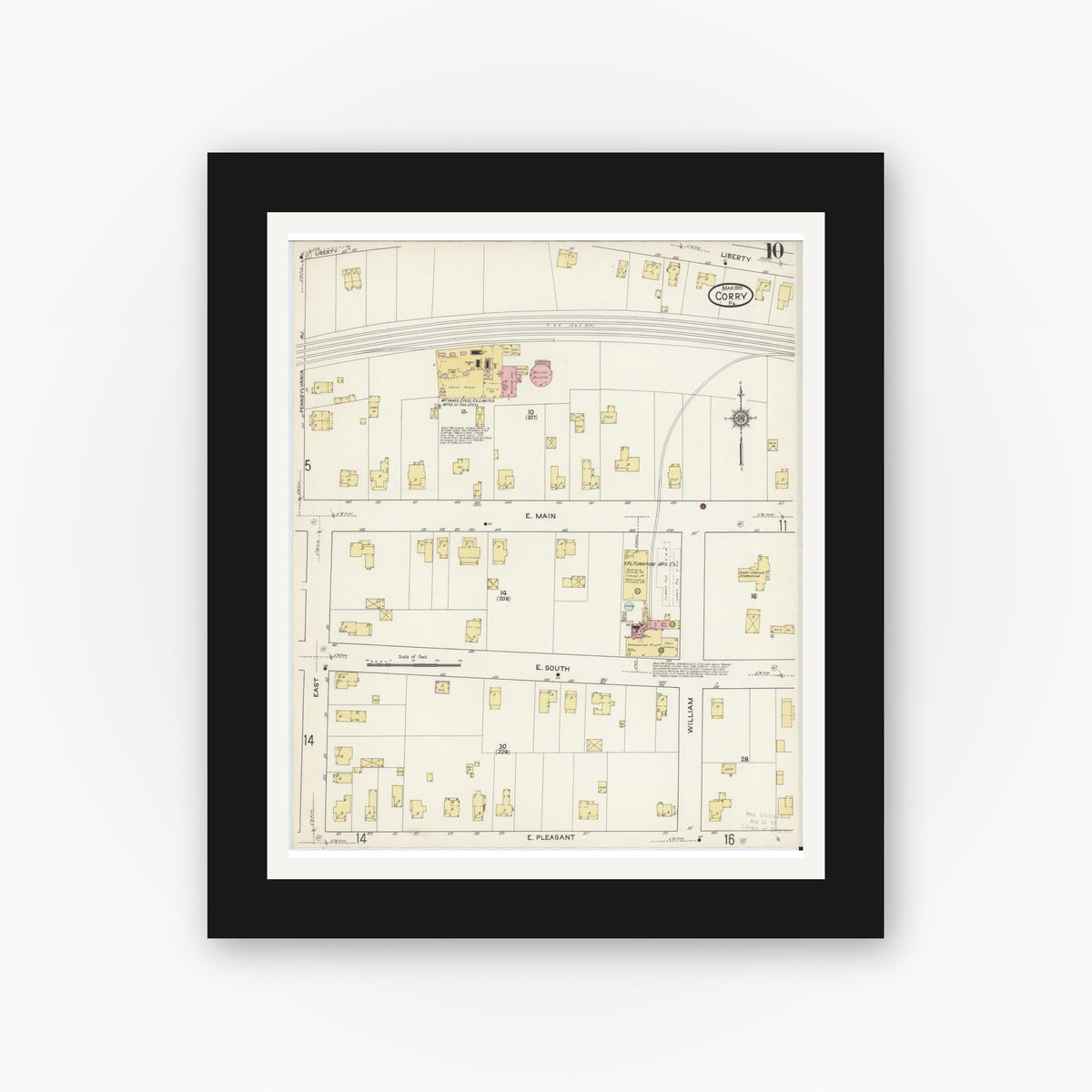 Old map wall art mockup — black gallery frame with white mat — Sanborn Fire Insurance Map from Corry, Erie County, Pennsylvania (1915), Sheet #0010