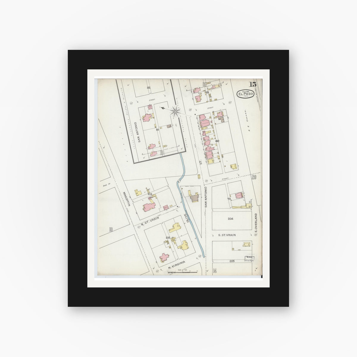 Old map wall art mockup — black gallery frame with white mat — Sanborn Fire Insurance Map from El Paso, El Paso County, Texas (1893), Sheet #0015