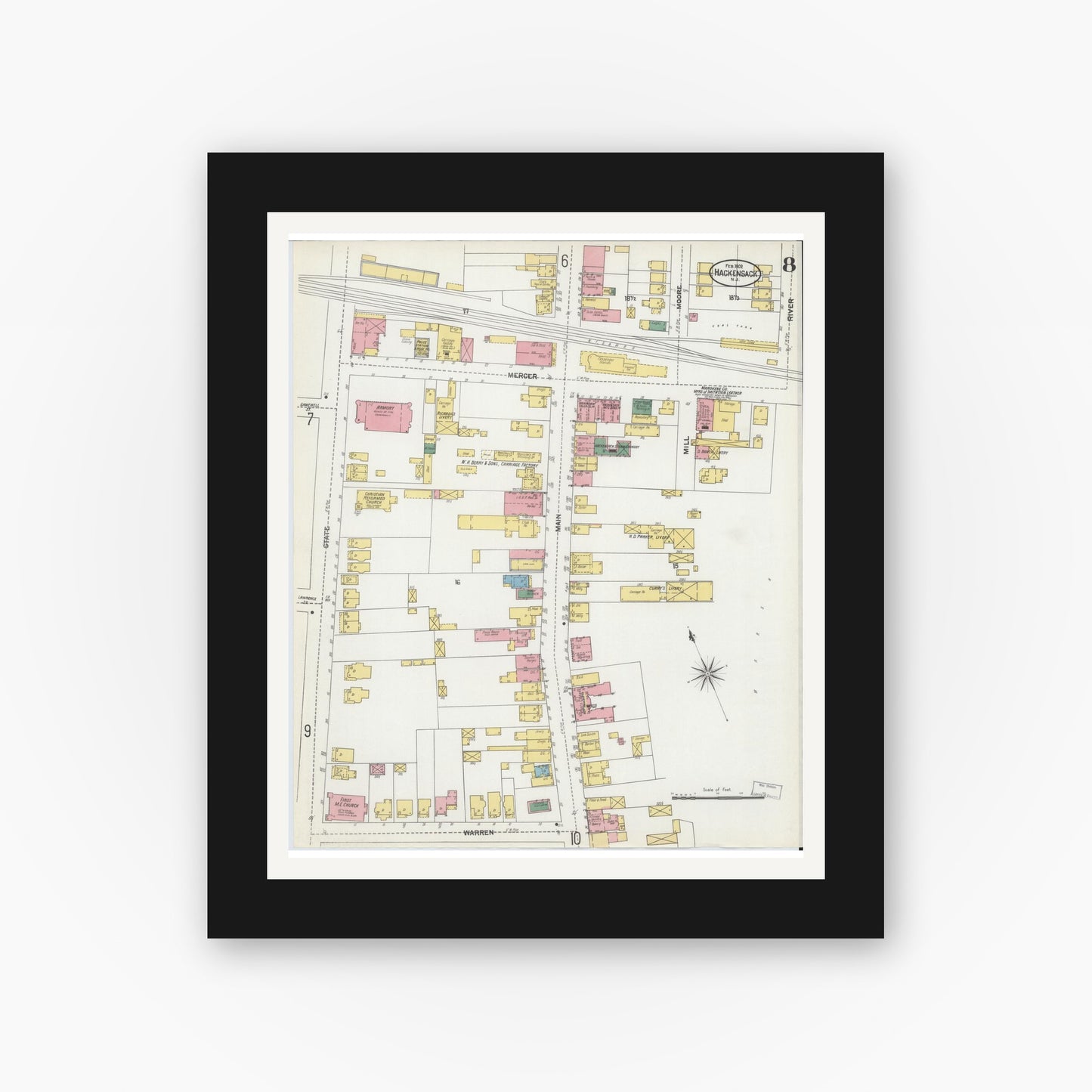 Old map wall art mockup — black gallery frame with white mat — Sanborn Fire Insurance Map from Hackensack, Bergen County, New Jersey (1902), Sheet #0008