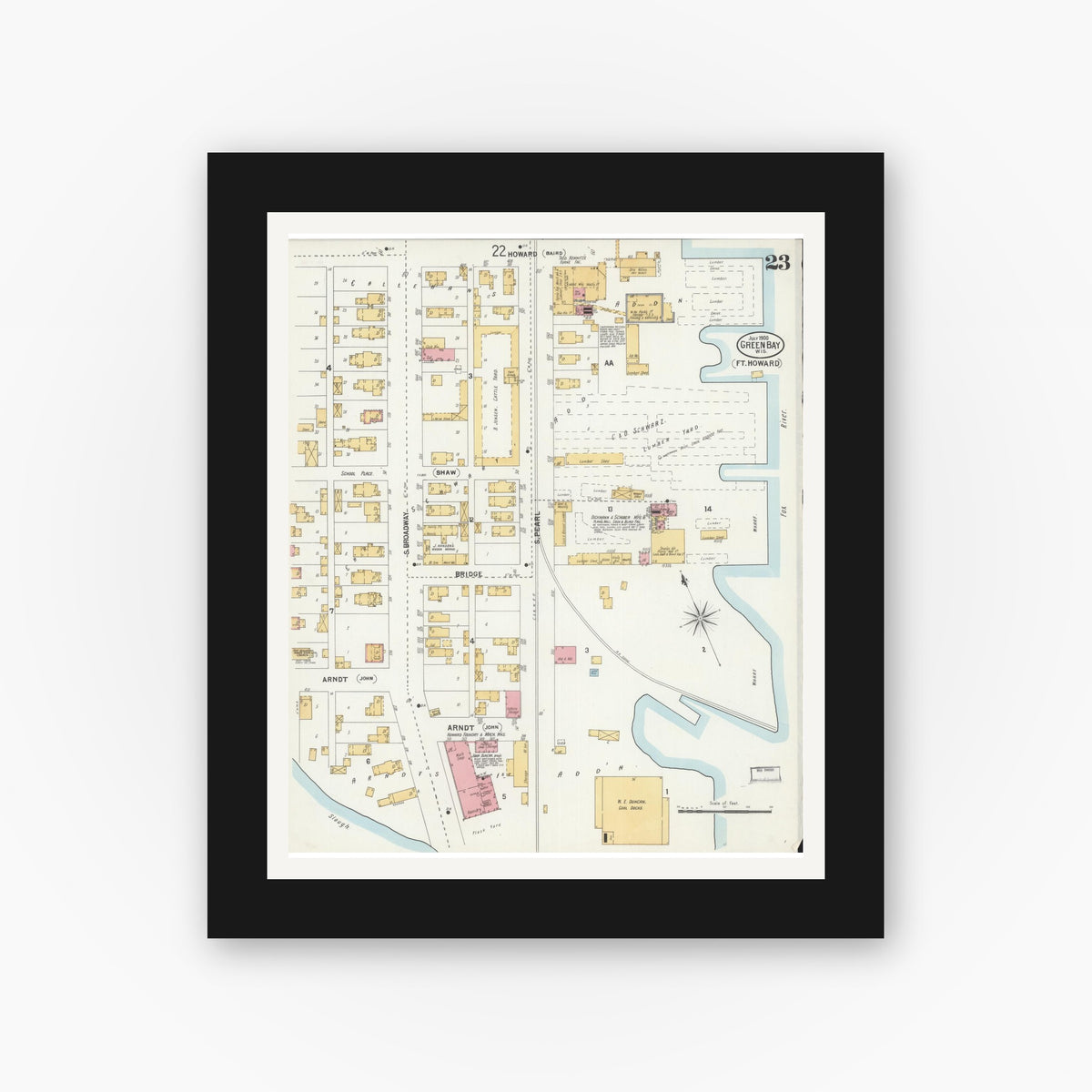Old map wall art mockup — black gallery frame with white mat — Sanborn Fire Insurance Map from Green Bay, Brown County, Wisconsin (1900), Sheet #0023