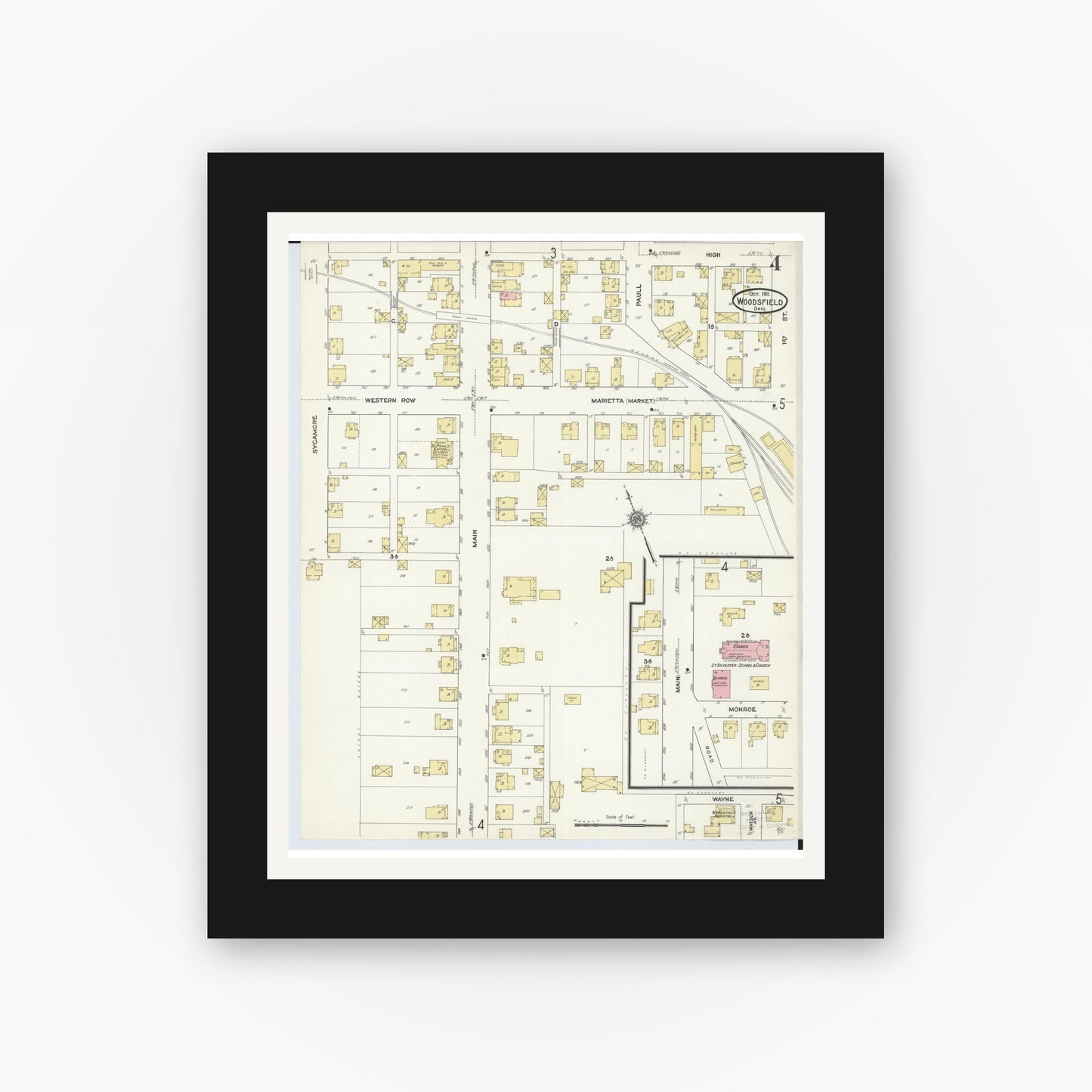 Old map wall art mockup — black gallery frame with white mat — Sanborn Fire Insurance Map from Woodsfield, Monroe County, Ohio (1911), Sheet #0004