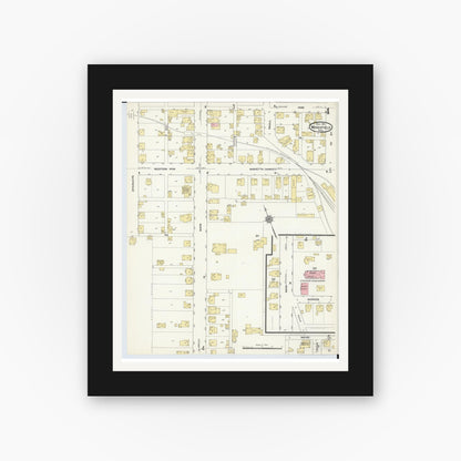 Old map wall art mockup — black gallery frame with white mat — Sanborn Fire Insurance Map from Woodsfield, Monroe County, Ohio (1911), Sheet #0004