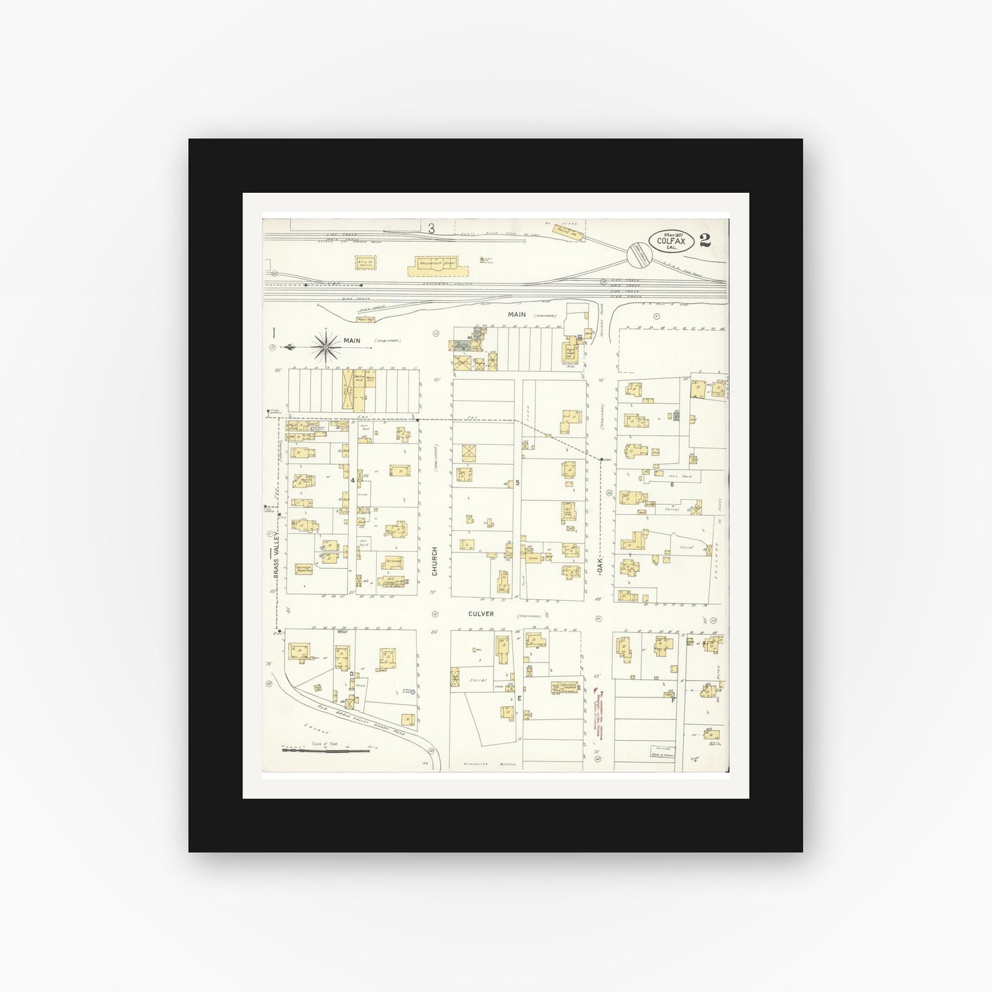 Old map wall art mockup — black gallery frame with white mat — Sanborn Fire Insurance Map from Colfax, Placer County, California (1907), Sheet #0002