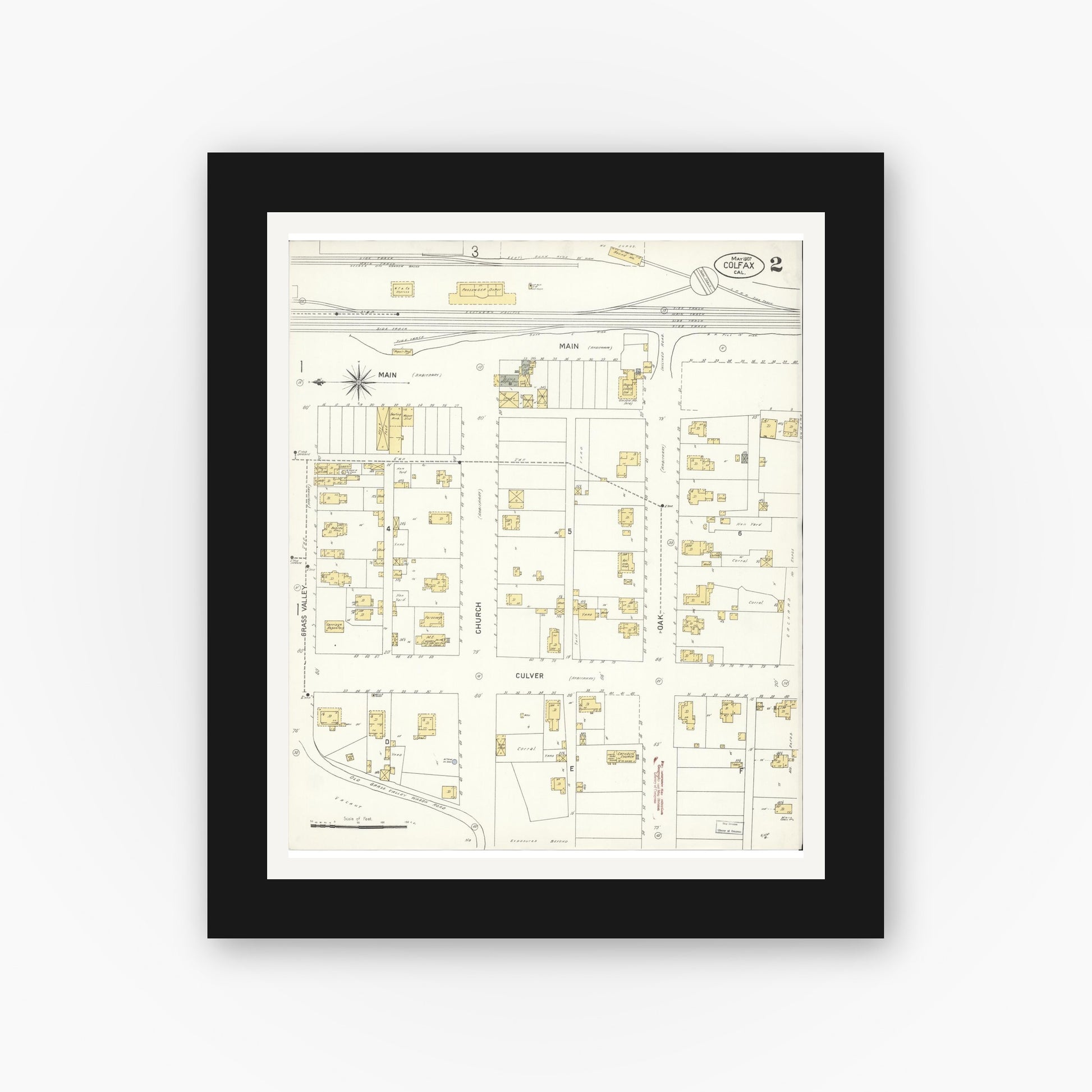 Old map wall art mockup — black gallery frame with white mat — Sanborn Fire Insurance Map from Colfax, Placer County, California (1907), Sheet #0002