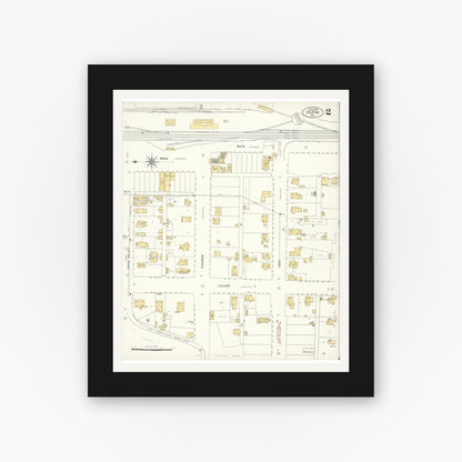 Old map wall art mockup — black gallery frame with white mat — Sanborn Fire Insurance Map from Colfax, Placer County, California (1907), Sheet #0002