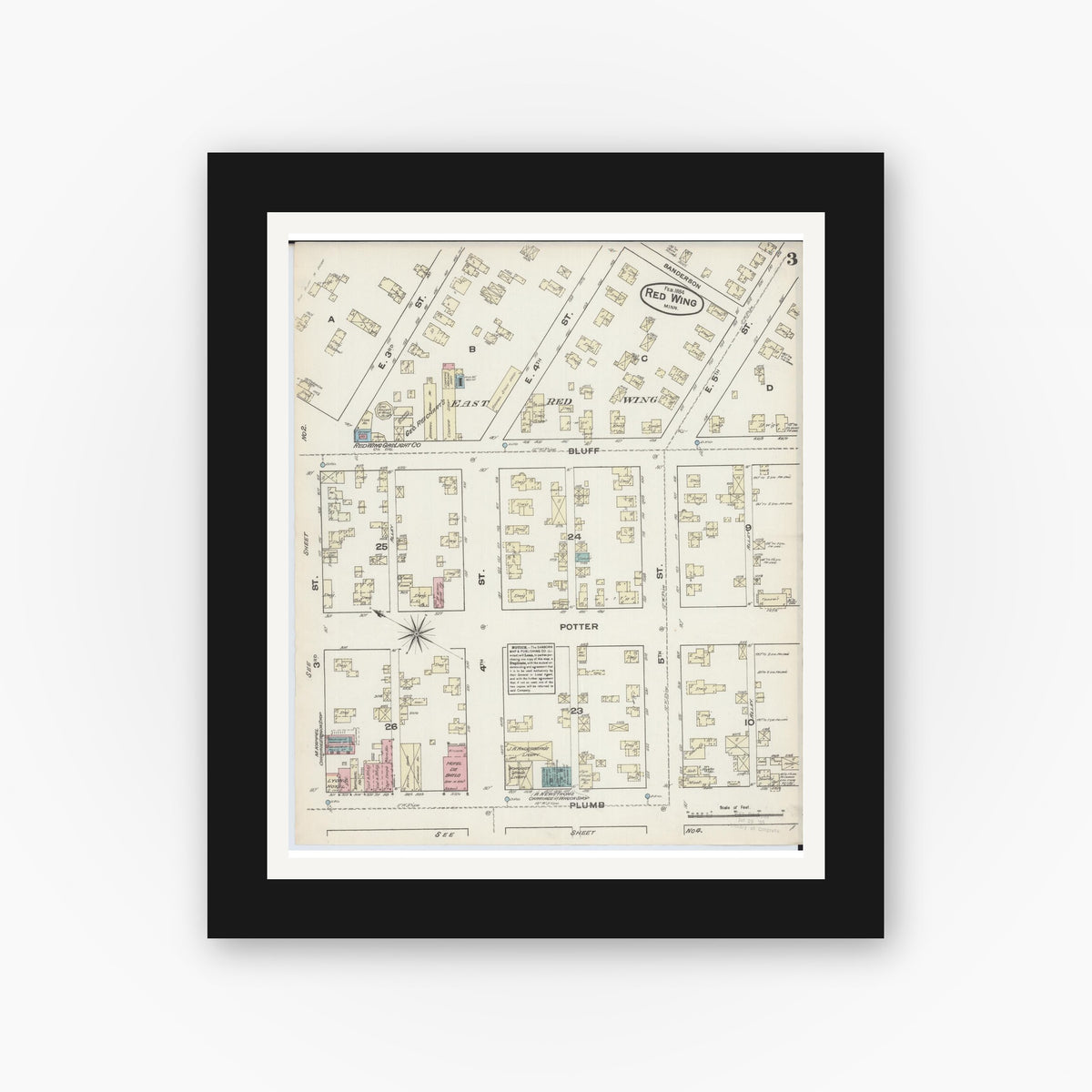 Old map wall art mockup — black gallery frame with white mat — Sanborn Fire Insurance Map from Red Wing, Goodhue County, Minnesota (1884), Sheet #0003