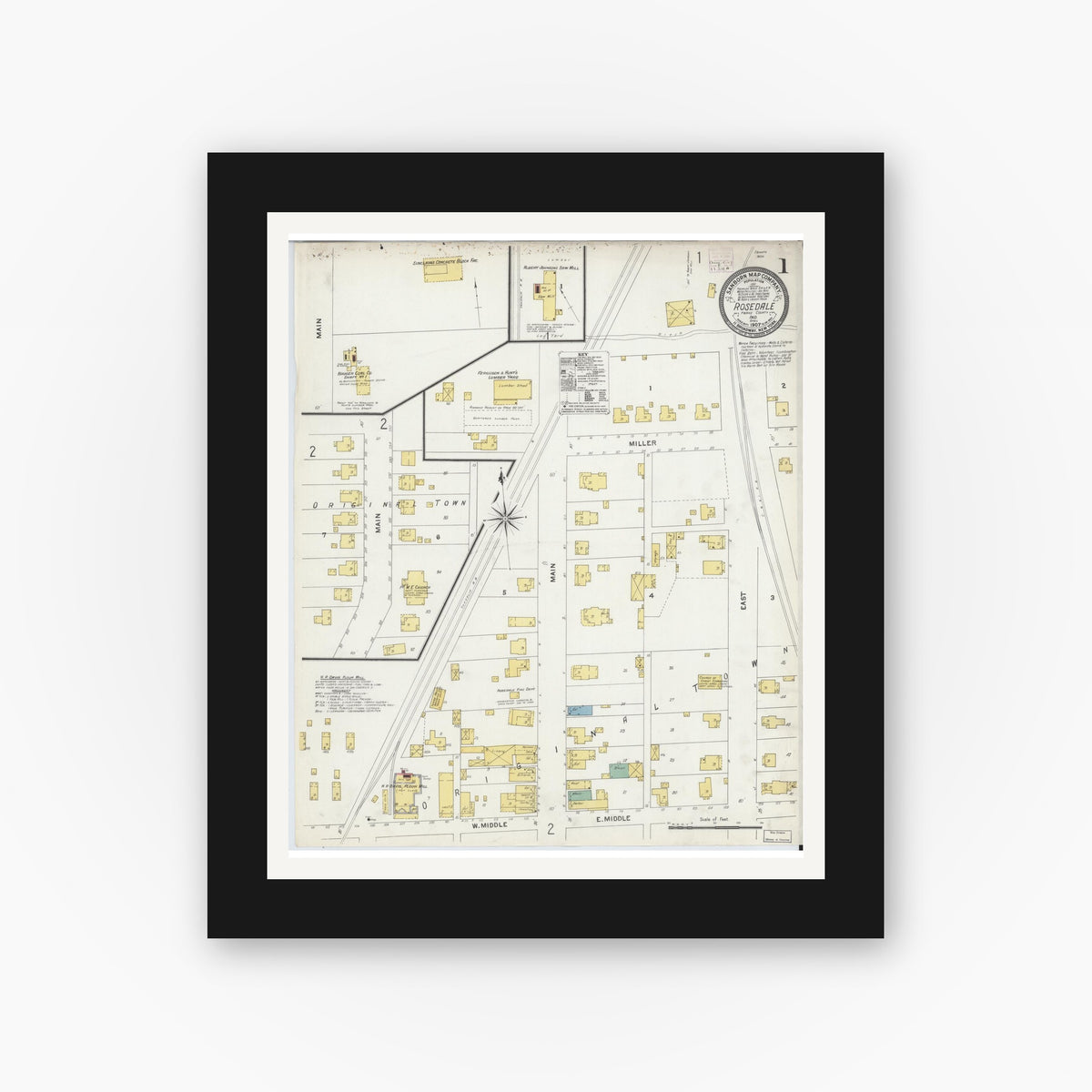 Old map wall art mockup — black gallery frame with white mat — Sanborn Fire Insurance Map from Rosedale, Parke County, Indiana (1907) - Complete Map Set