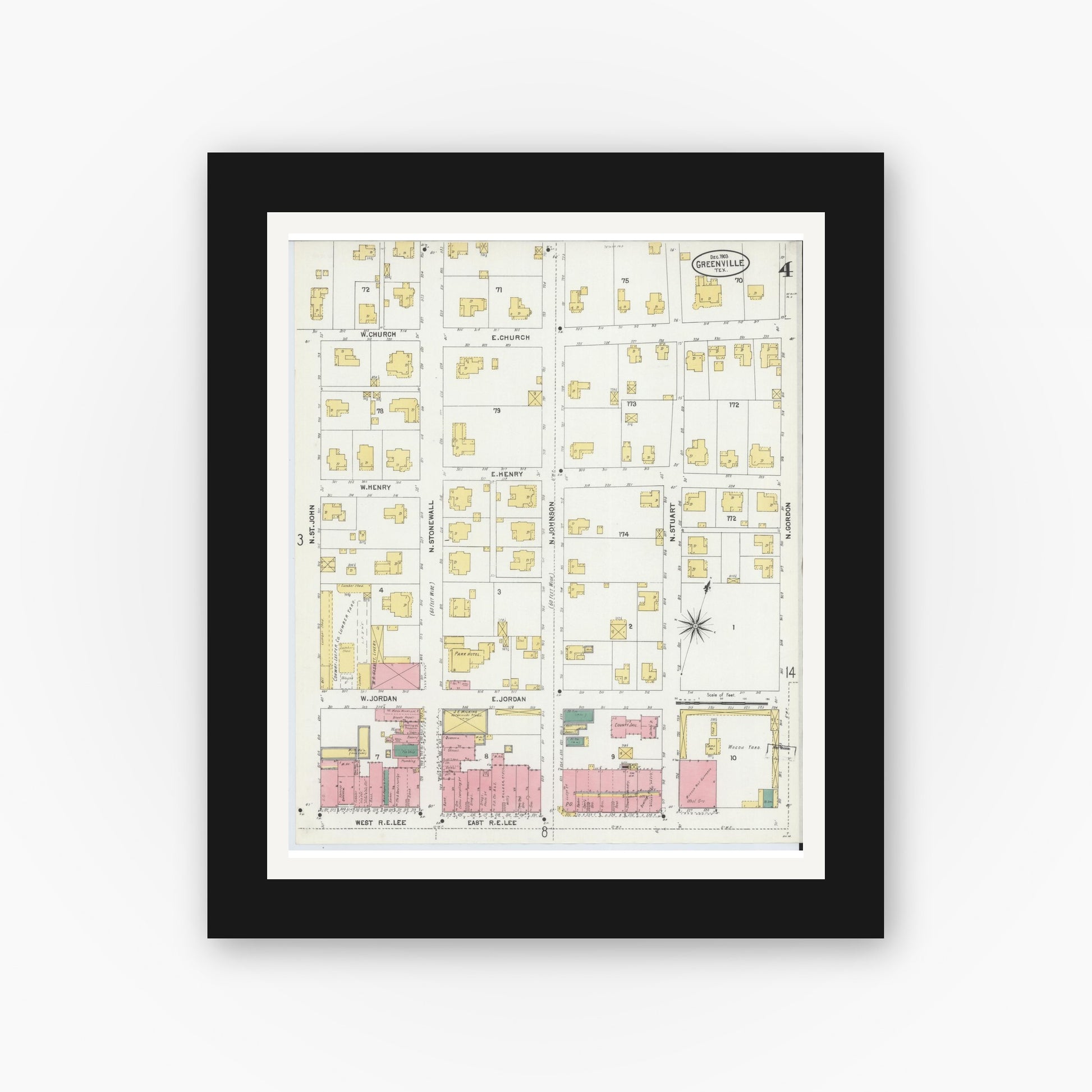 Old map wall art mockup — black gallery frame with white mat — Sanborn Fire Insurance Map from Greenville, Hunt County, Texas (1903), Sheet #0004