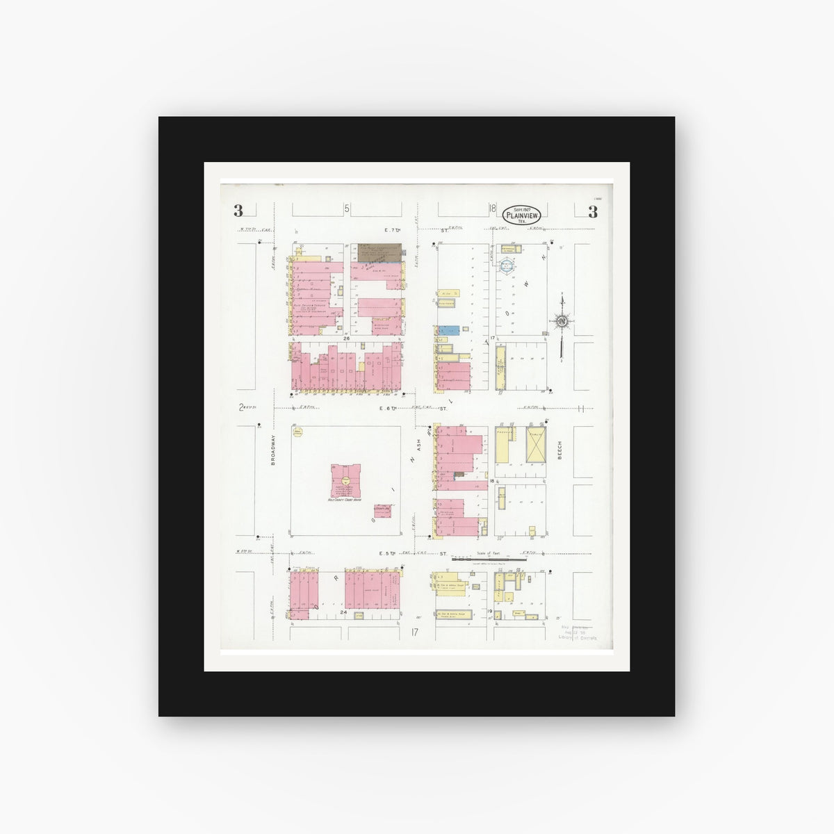 Old map wall art mockup — black gallery frame with white mat — Sanborn Fire Insurance Map from Plainview, Hale County, Texas (1927), Sheet #0003
