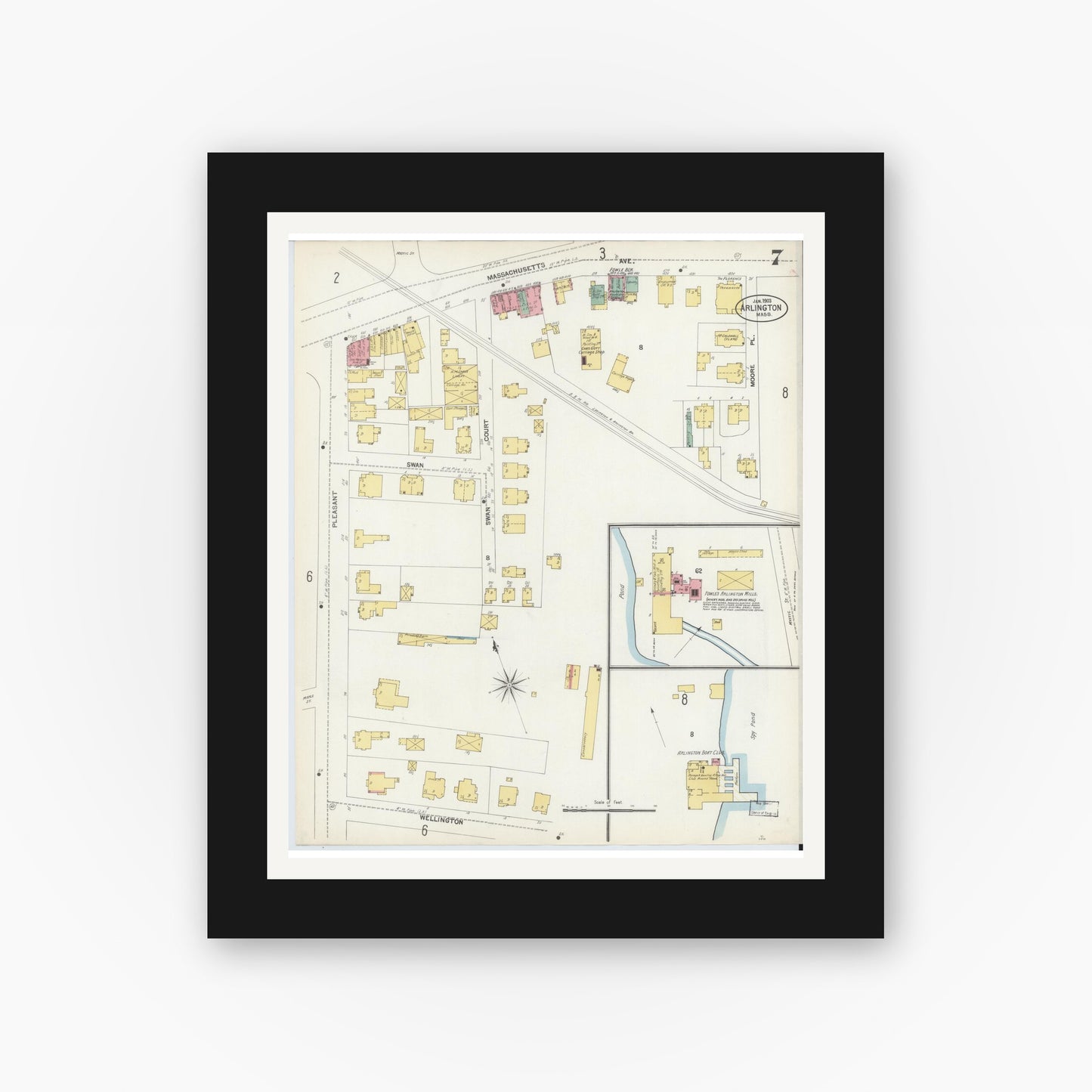 Old map wall art mockup — black gallery frame with white mat — Sanborn Fire Insurance Map from Arlington, Middlesex County, Massachusetts (1903), Sheet #0007