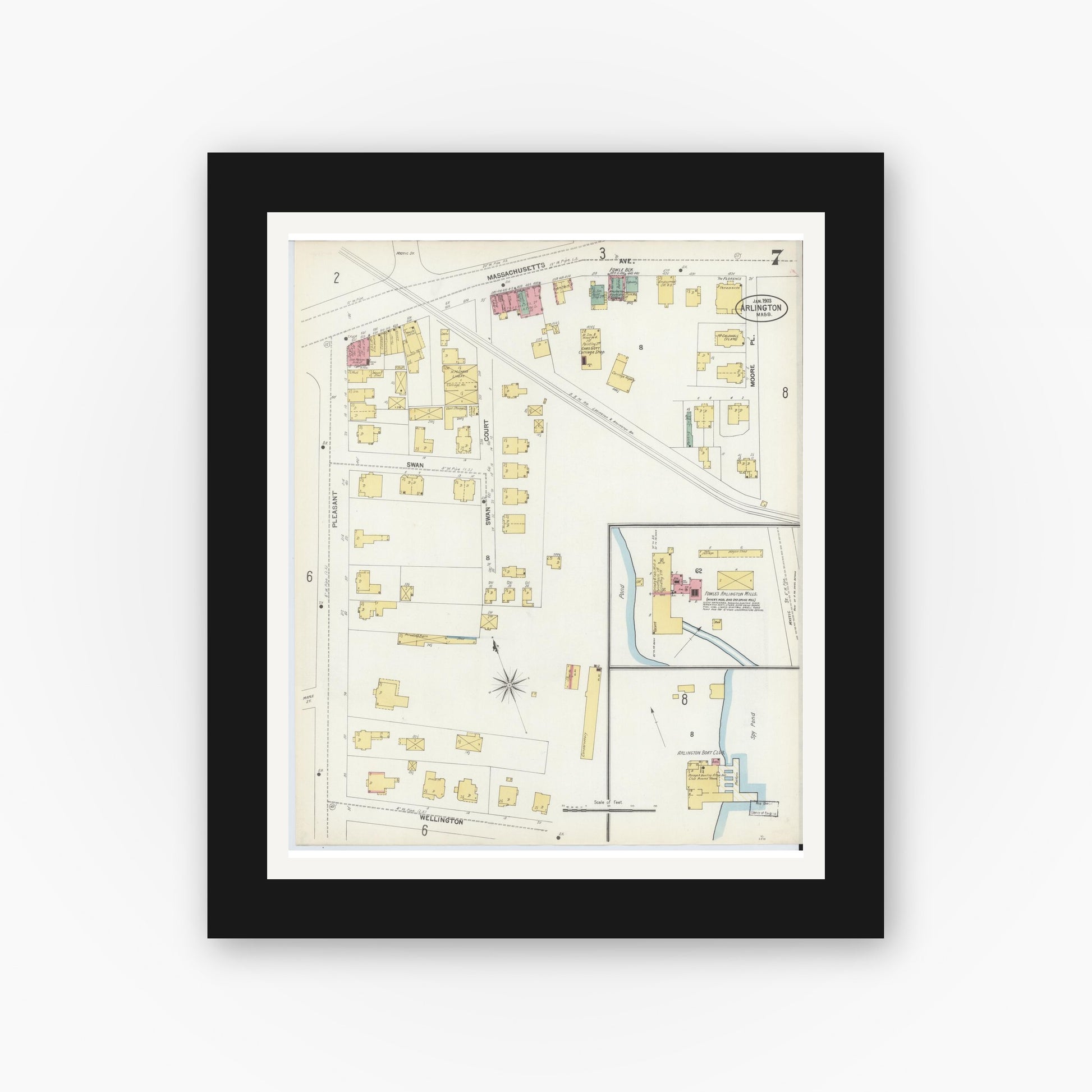 Old map wall art mockup — black gallery frame with white mat — Sanborn Fire Insurance Map from Arlington, Middlesex County, Massachusetts (1903), Sheet #0007