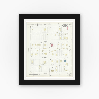 Old map wall art mockup — black gallery frame with white mat — Sanborn Fire Insurance Map from Plainview, Hale County, Texas (1914), Sheet #0004