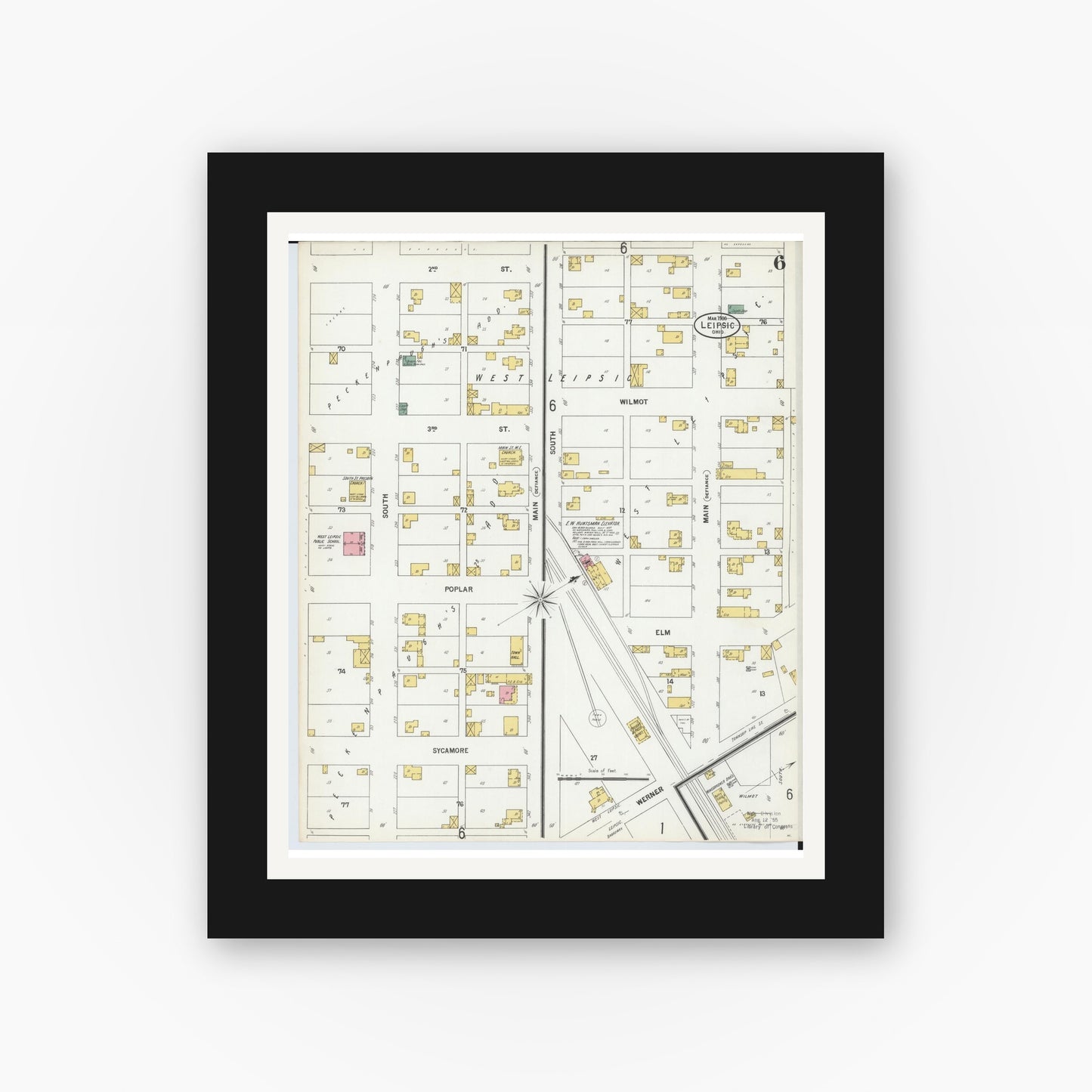 Old map wall art mockup — black gallery frame with white mat — Sanborn Fire Insurance Map from Leipsic, Putnam County, Ohio (1900), Sheet #0006