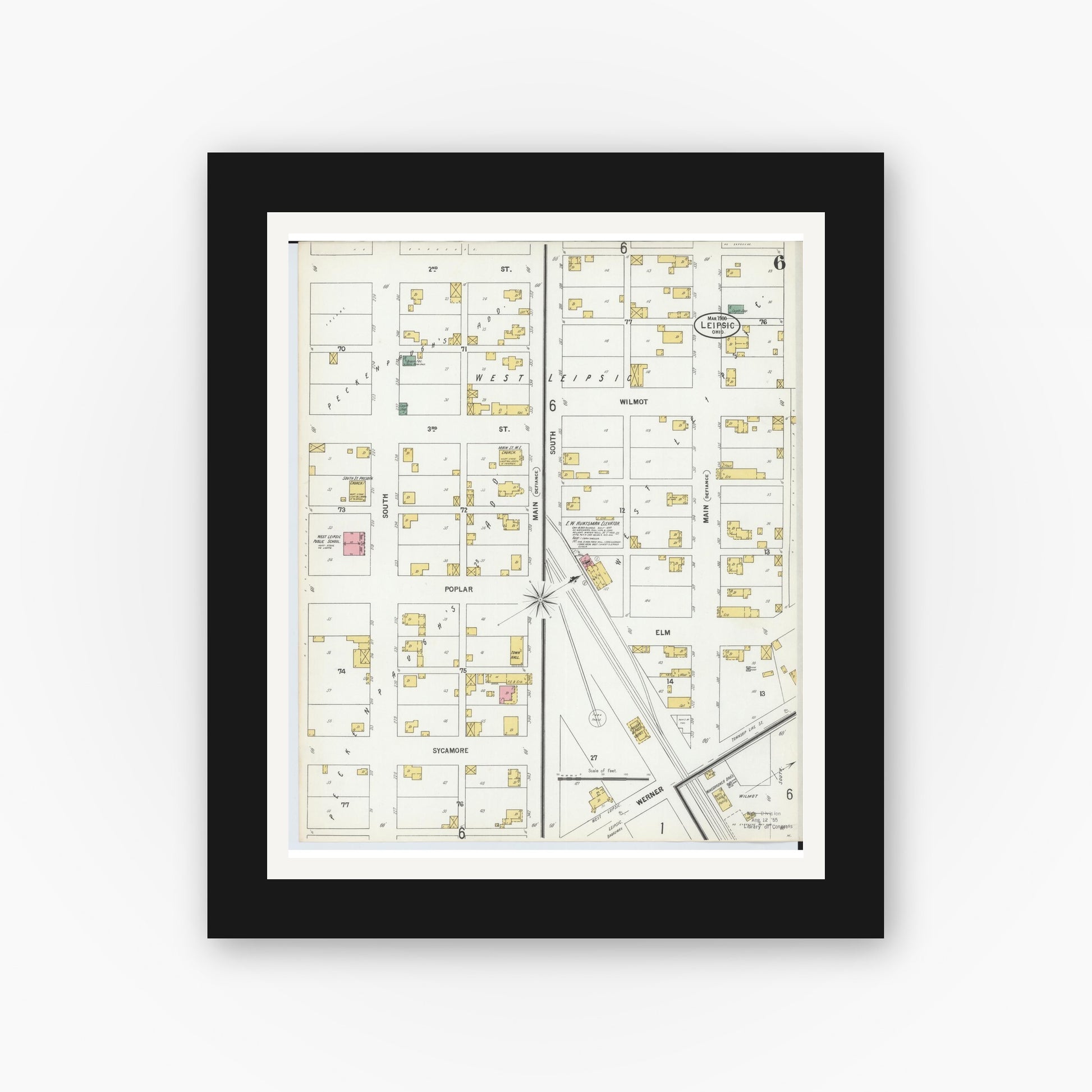 Old map wall art mockup — black gallery frame with white mat — Sanborn Fire Insurance Map from Leipsic, Putnam County, Ohio (1900), Sheet #0006