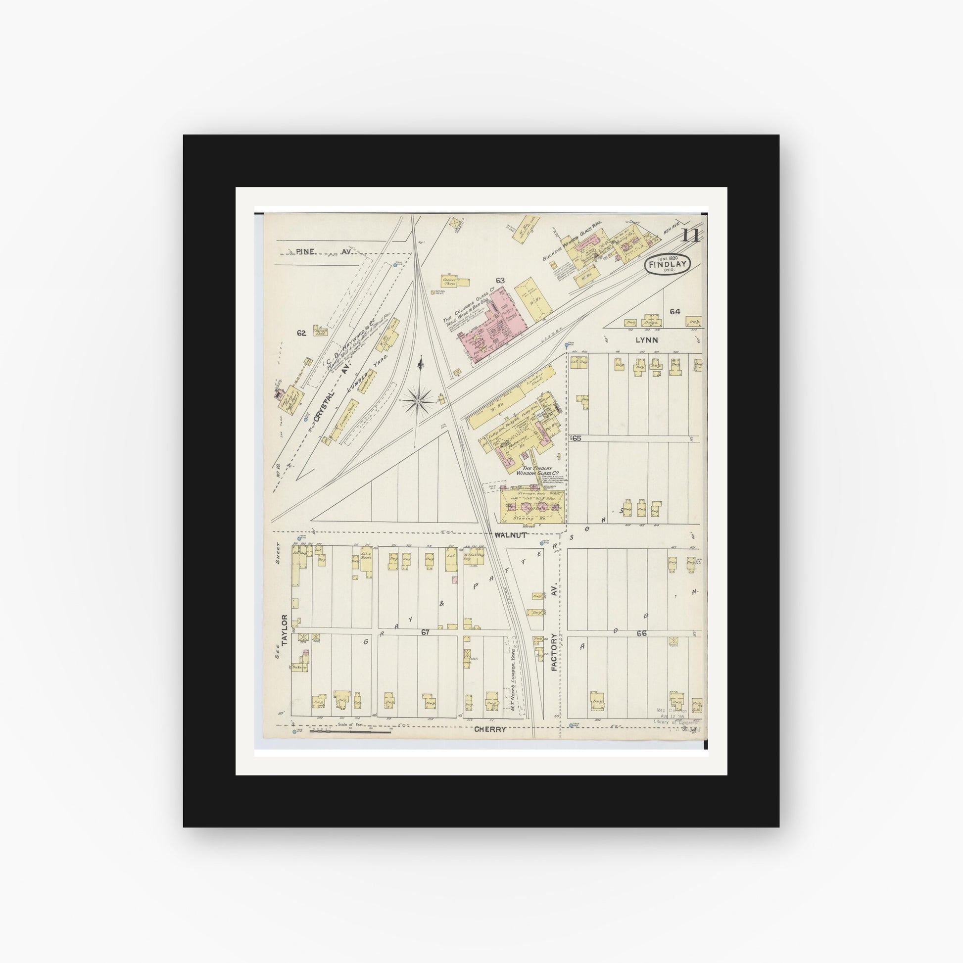 Old map wall art mockup — black gallery frame with white mat — Sanborn Fire Insurance Map from Findlay, Hancock County, Ohio (1890), Sheet #0011