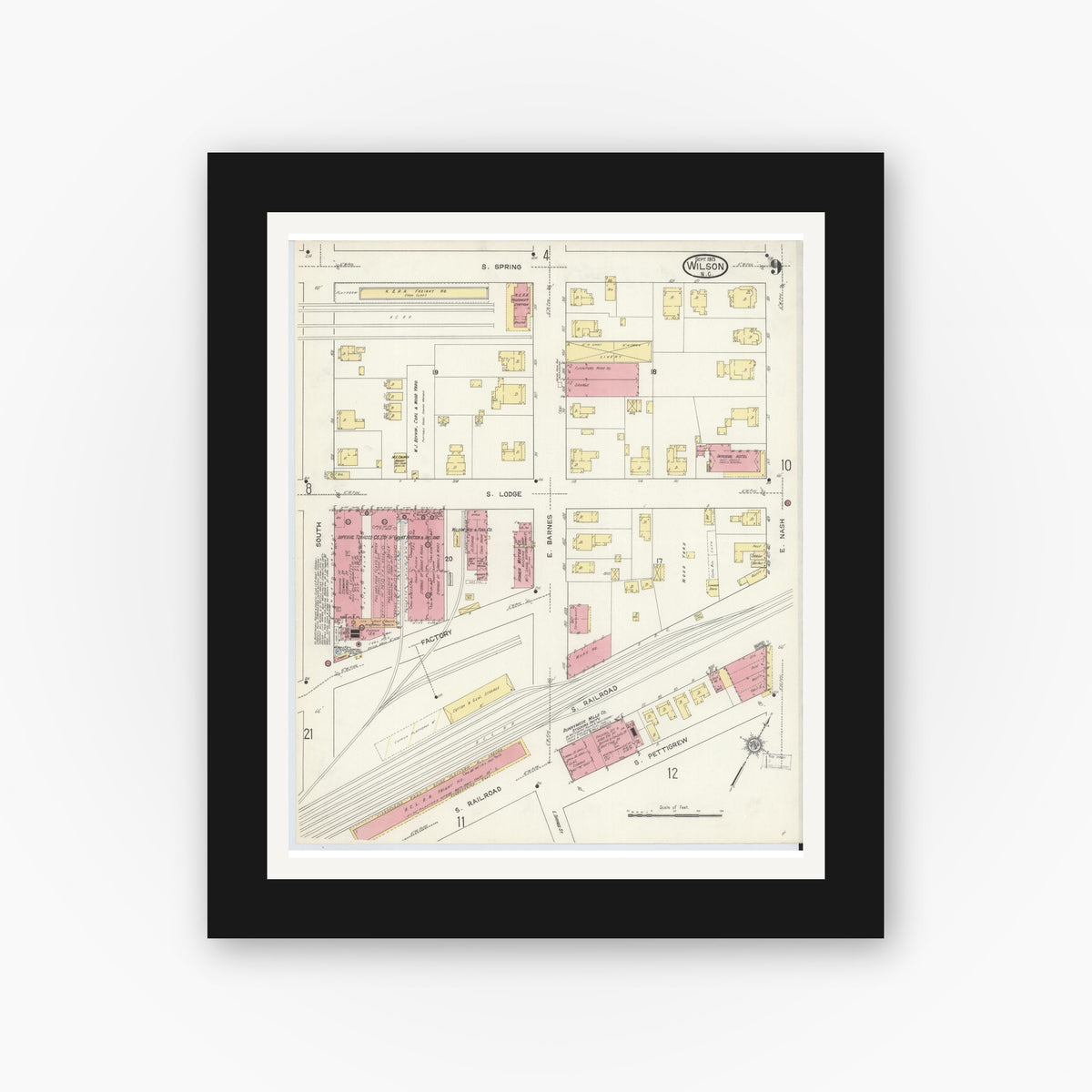 Old map wall art mockup — black gallery frame with white mat — Sanborn Fire Insurance Map from Wilson, Wilson County, North Carolina (1913), Sheet #0009