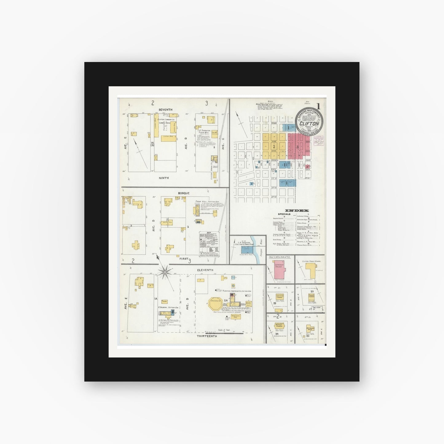 Old map wall art mockup — black gallery frame with white mat — Sanborn Fire Insurance Map from Clifton, Bosque County, Texas (1905), Sheet #0001