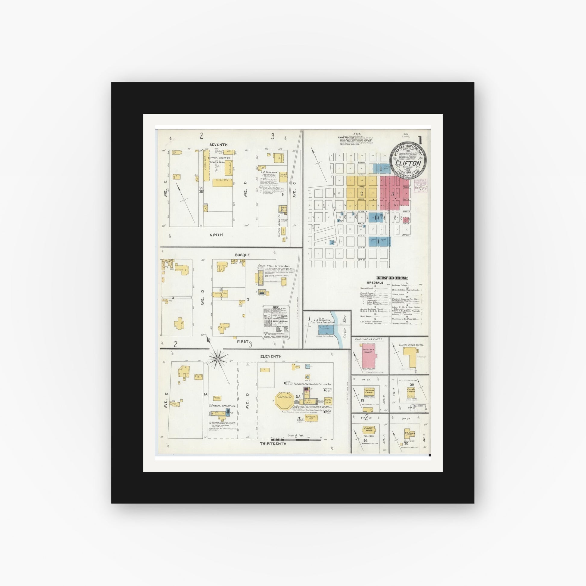 Old map wall art mockup — black gallery frame with white mat — Sanborn Fire Insurance Map from Clifton, Bosque County, Texas (1905), Sheet #0001