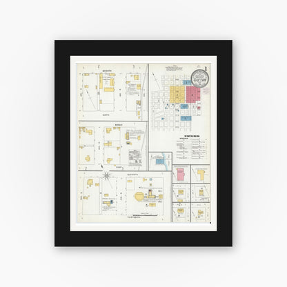 Old map wall art mockup — black gallery frame with white mat — Sanborn Fire Insurance Map from Clifton, Bosque County, Texas (1905), Sheet #0001