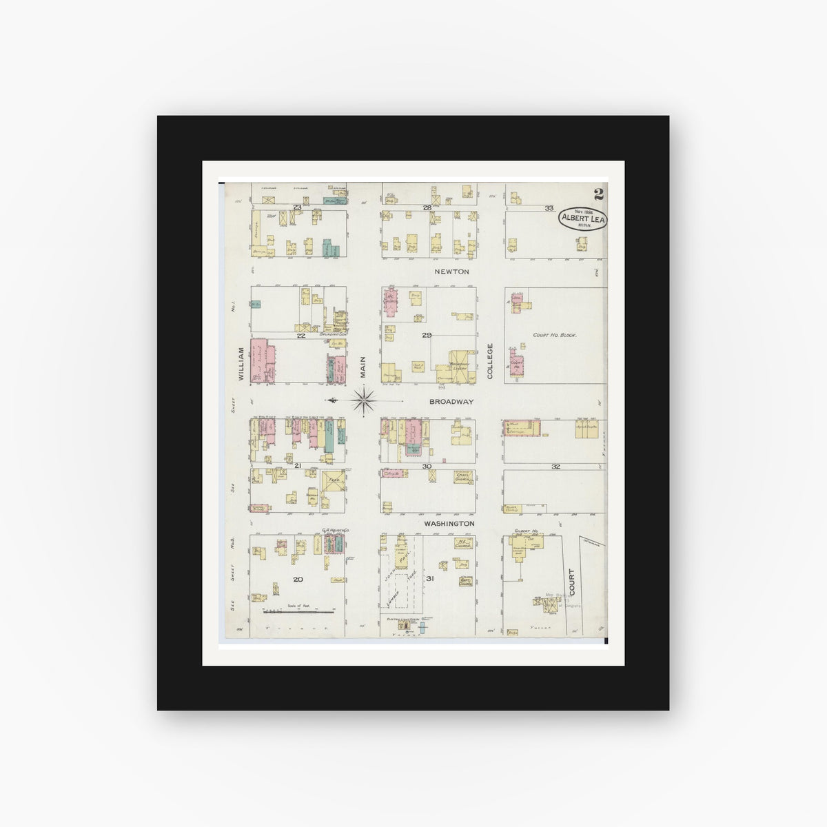 Old map wall art mockup — black gallery frame with white mat — Sanborn Fire Insurance Map from Albert Lea, Freeborn County, Minnesota (1886), Sheet #0002