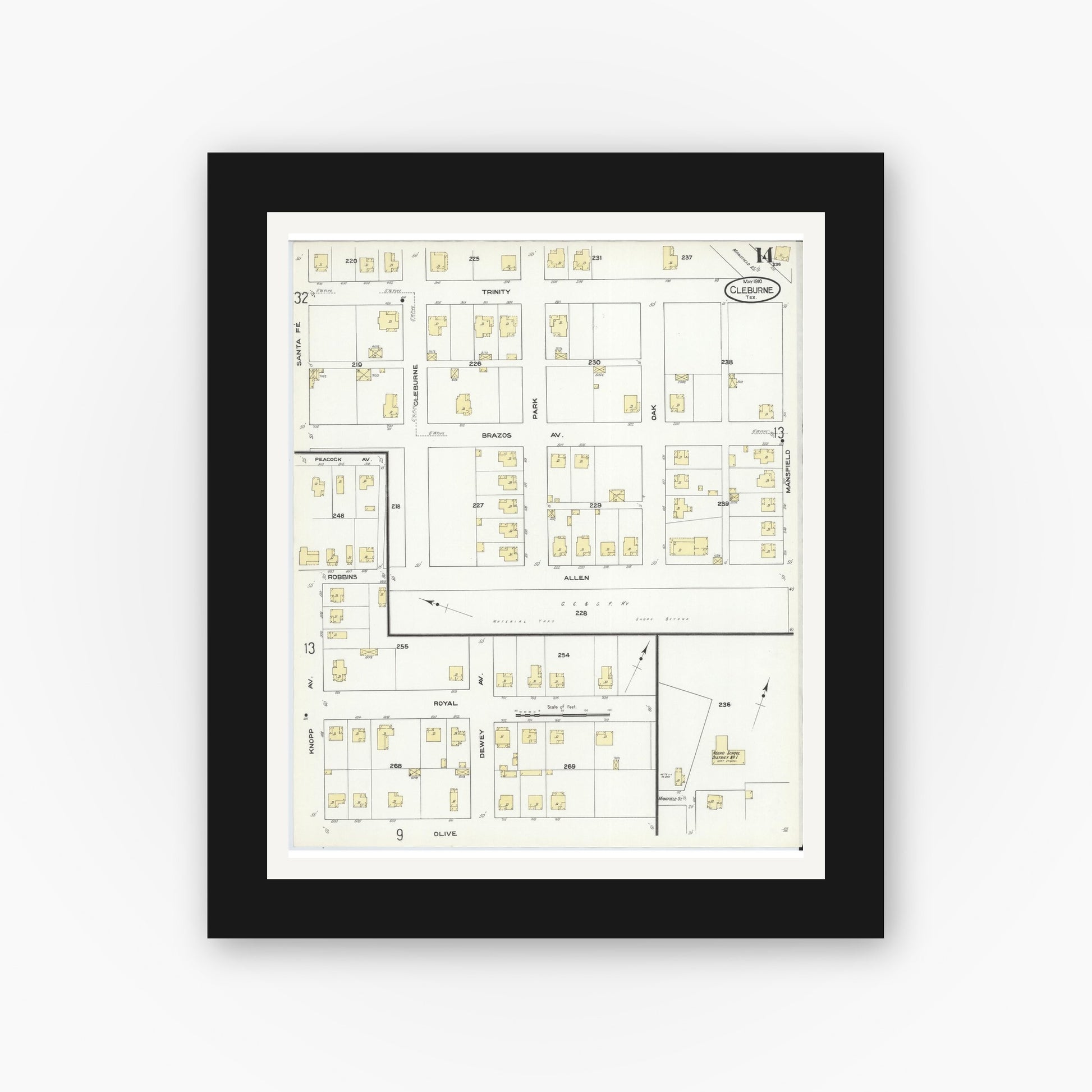 Old map wall art mockup — black gallery frame with white mat — Sanborn Fire Insurance Map from Cleburne, Johnson County, Texas (1910), Sheet #0014