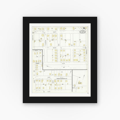Old map wall art mockup — black gallery frame with white mat — Sanborn Fire Insurance Map from Cleburne, Johnson County, Texas (1910), Sheet #0014