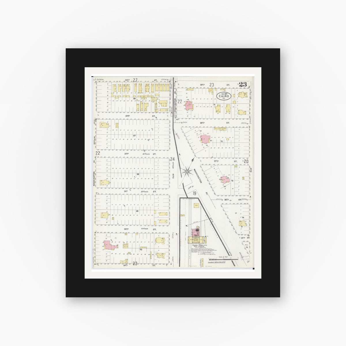Old map wall art mockup — black gallery frame with white mat — Sanborn Fire Insurance Map from Cairo, Alexander County, Illinois (1907), Sheet #0023