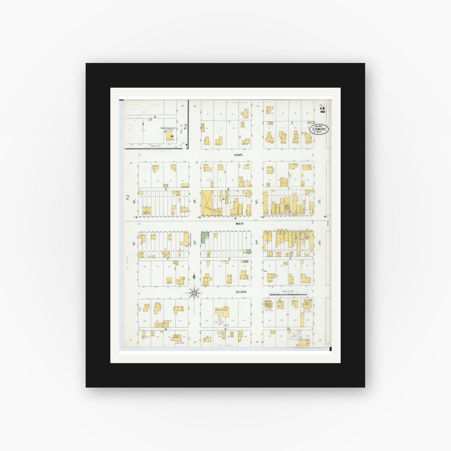 Old map wall art mockup — black gallery frame with white mat — Sanborn Fire Insurance Map from Edmore, Montcalm County, Michigan (1900), Sheet #0002