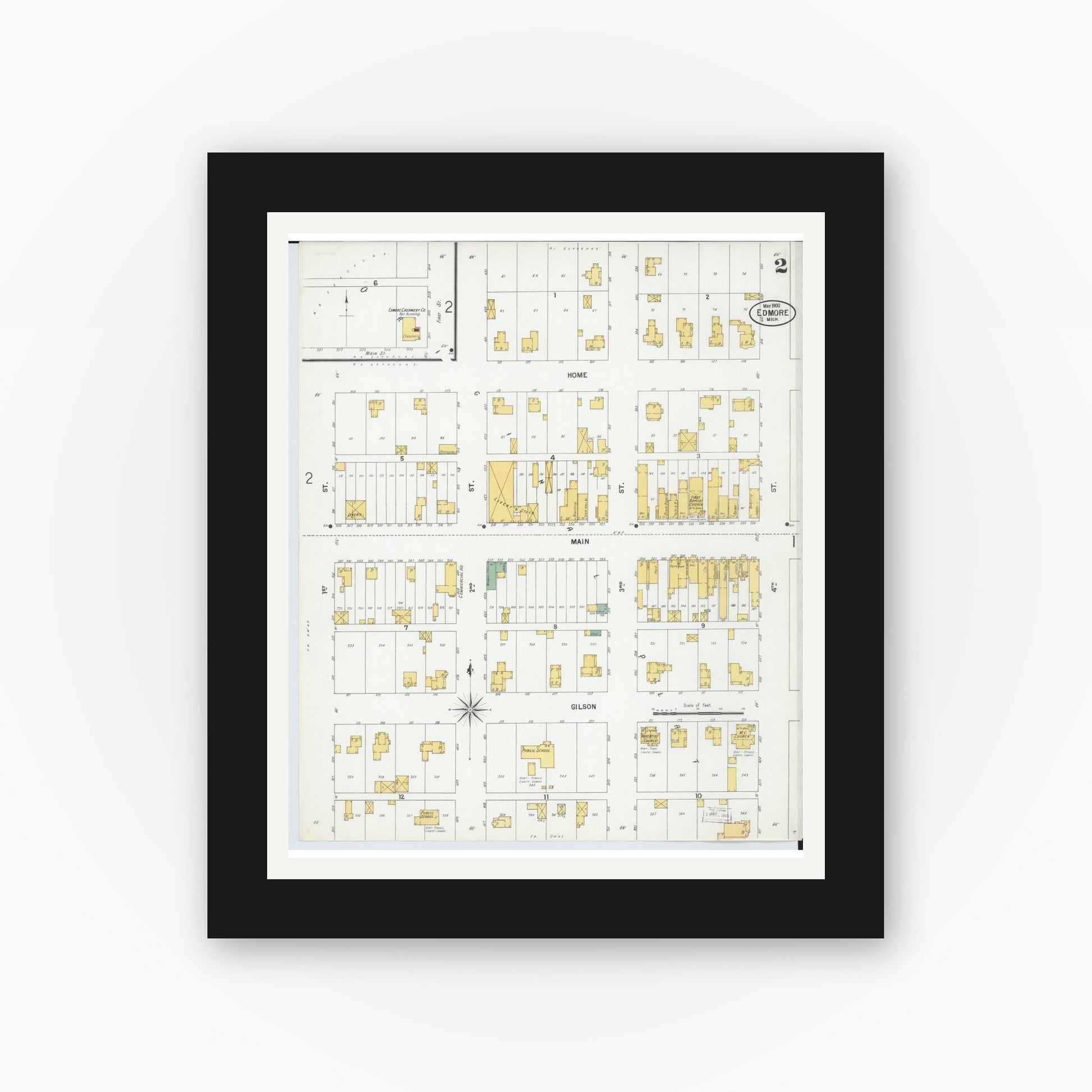 Old map wall art mockup — black gallery frame with white mat — Sanborn Fire Insurance Map from Edmore, Montcalm County, Michigan (1900), Sheet #0002
