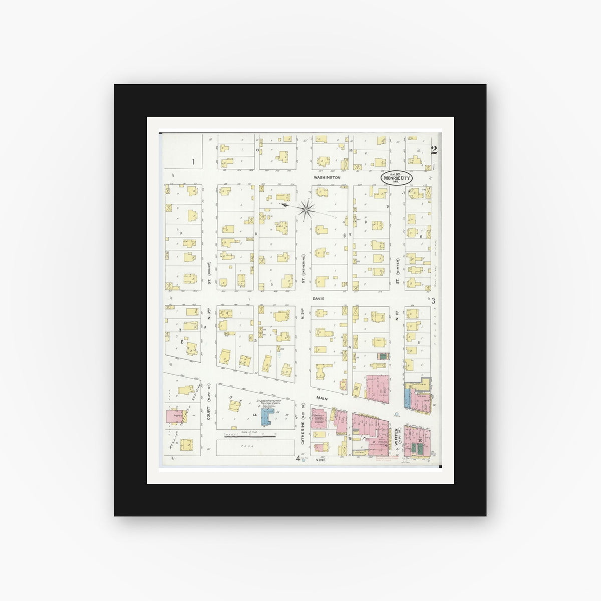 Old map wall art mockup — black gallery frame with white mat — Sanborn Fire Insurance Map from Monroe City, Monroe County, Missouri (1909), Sheet #0002